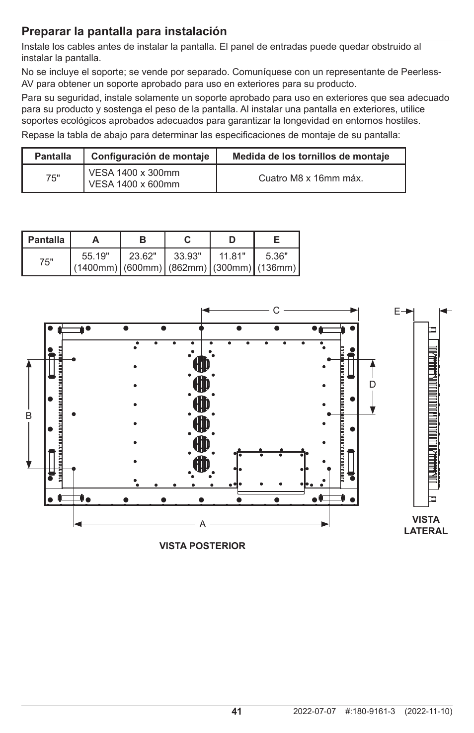 Preparar la pantalla para instalación | Peerless-AV XHB754 4K UHD Xtreme High Bright LED Outdoor Display (75") User Manual | Page 41 / 84