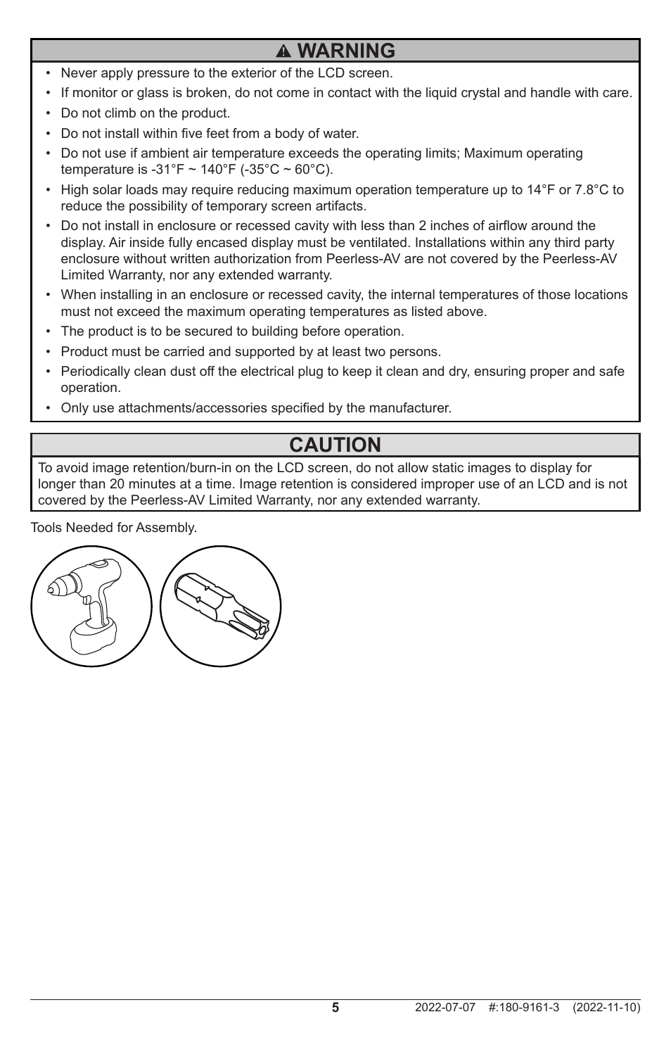 Warning, Caution | Peerless-AV XHB754 4K UHD Xtreme High Bright LED Outdoor Display (75") User Manual | Page 5 / 84