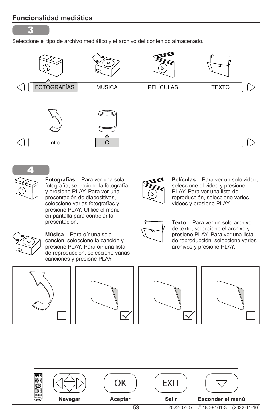 Ok menu exit ok menu exit ok exit, Funcionalidad mediática | Peerless-AV XHB754 4K UHD Xtreme High Bright LED Outdoor Display (75") User Manual | Page 53 / 84