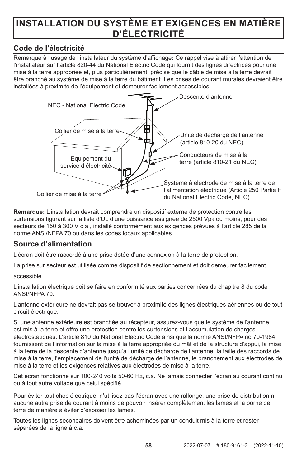 Source d’alimentation, Code de l’électricité | Peerless-AV XHB754 4K UHD Xtreme High Bright LED Outdoor Display (75") User Manual | Page 58 / 84