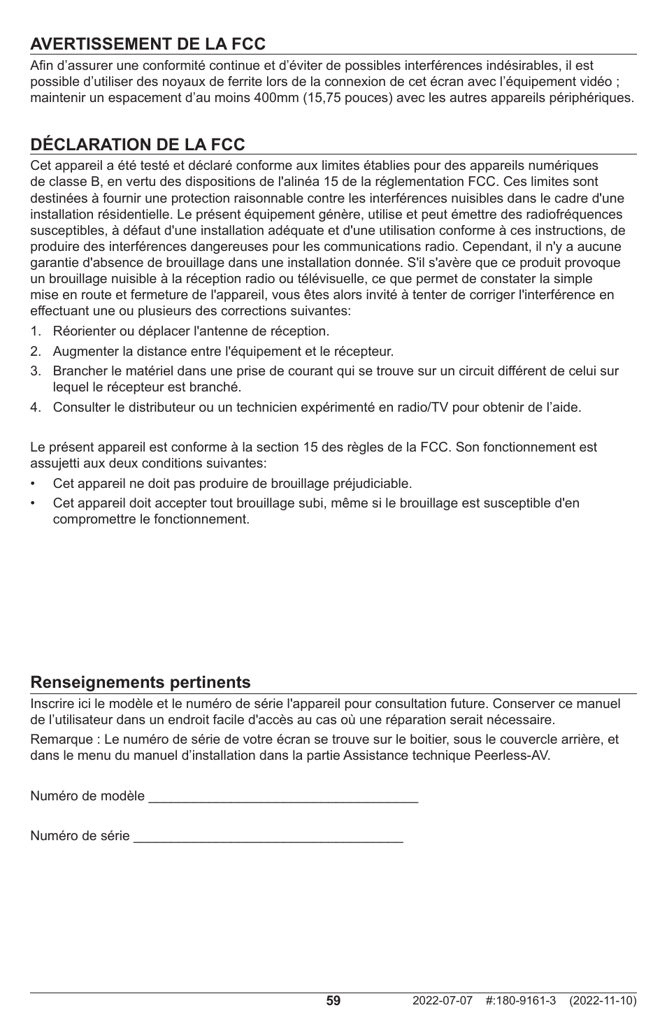 Renseignements pertinents, Avertissement de la fcc, Déclaration de la fcc | Peerless-AV XHB754 4K UHD Xtreme High Bright LED Outdoor Display (75") User Manual | Page 59 / 84