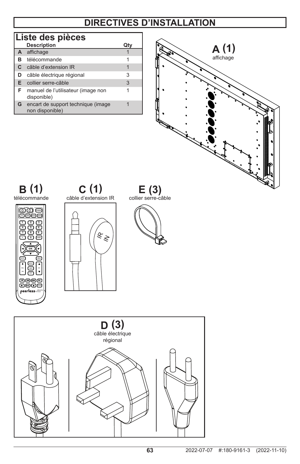 B (1) a (1), C (1), D (3) | E (3), Directives d’installation liste des pièces, Ir in | Peerless-AV XHB754 4K UHD Xtreme High Bright LED Outdoor Display (75") User Manual | Page 63 / 84