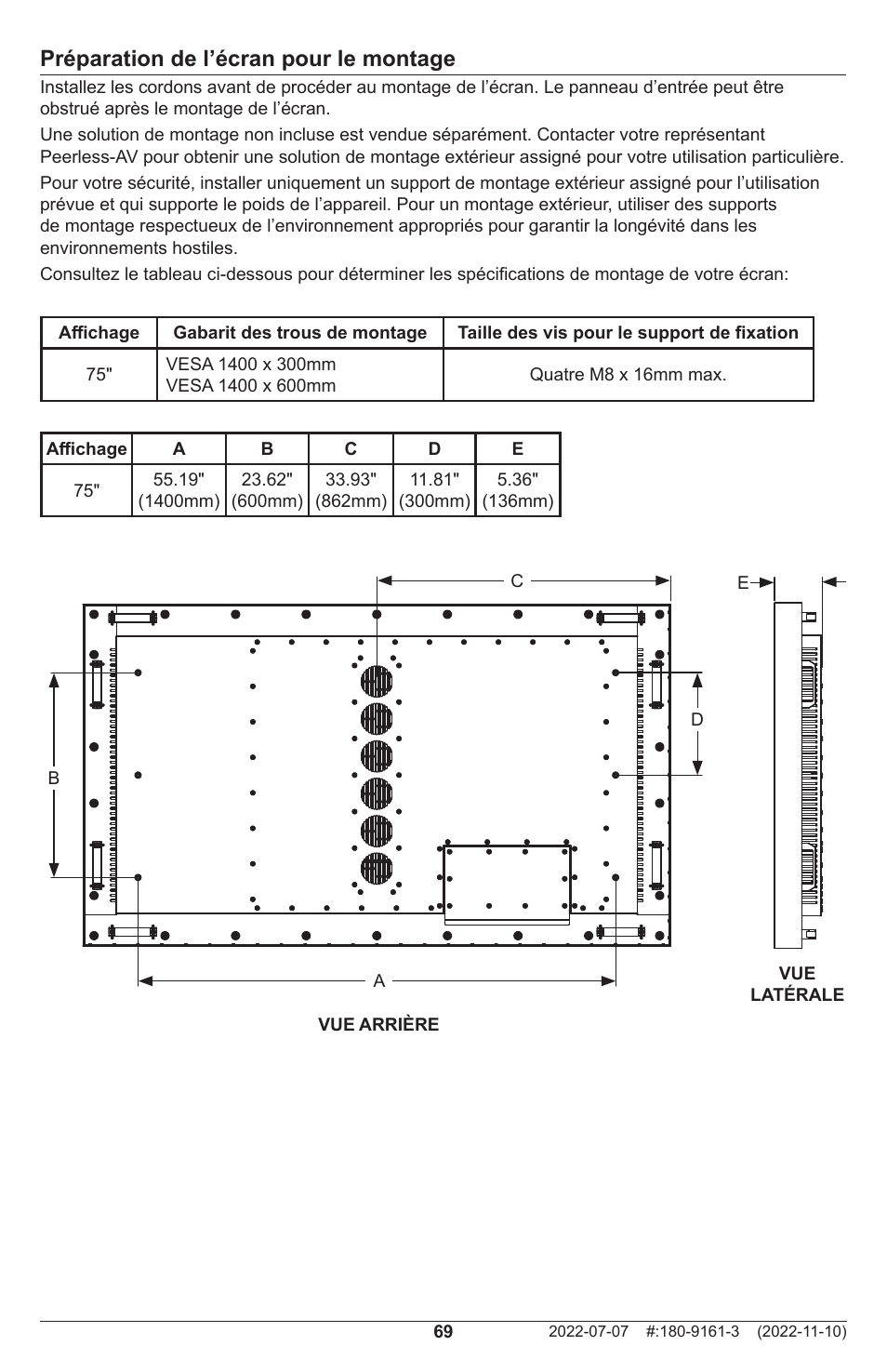 Préparation de l’écran pour le montage | Peerless-AV XHB754 4K UHD Xtreme High Bright LED Outdoor Display (75") User Manual | Page 69 / 84