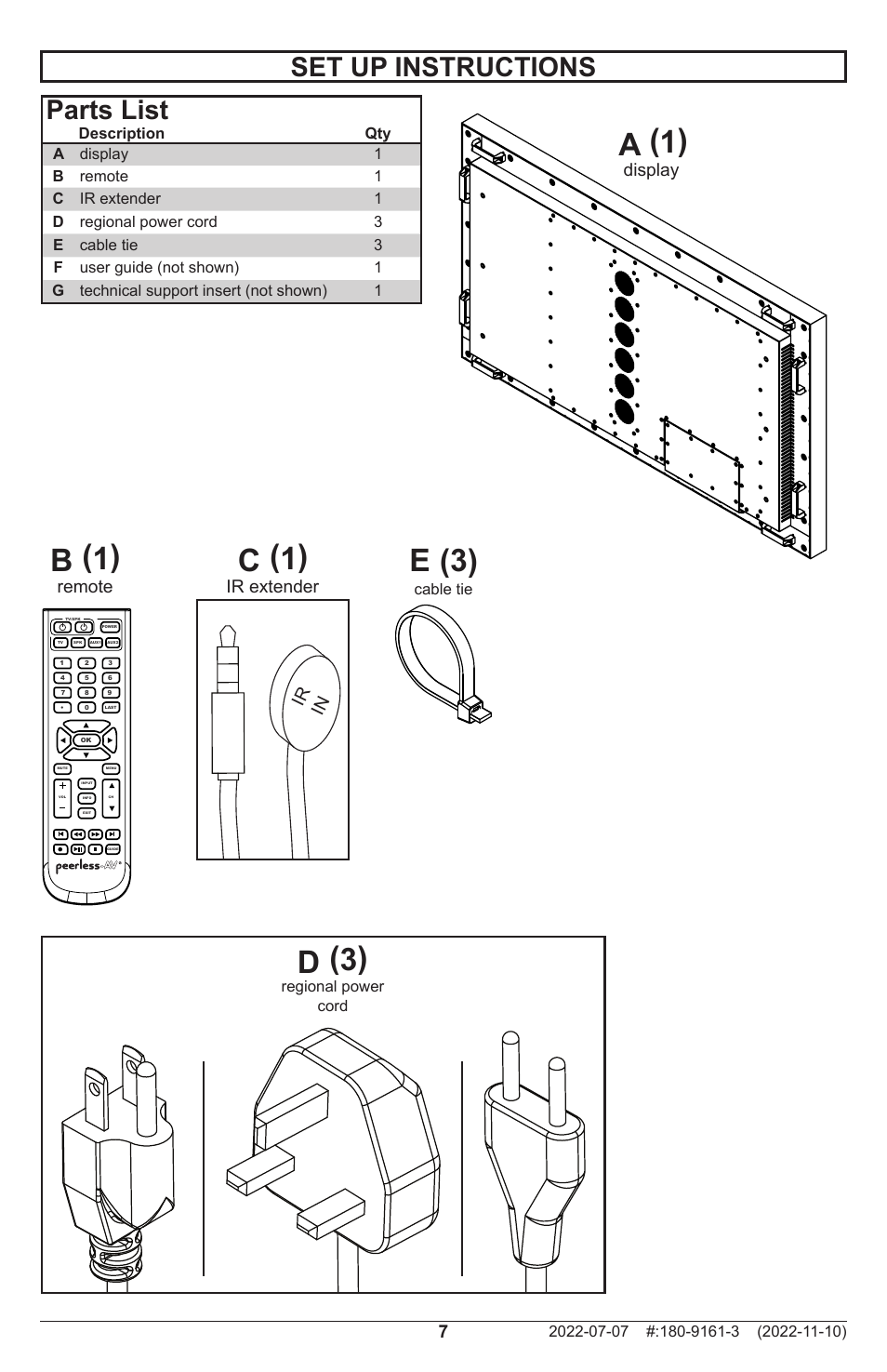 B (1) a (1), C (1), D (3) | E (3), Set up instructions, Parts list, Remote display, Ir extender ir in | Peerless-AV XHB754 4K UHD Xtreme High Bright LED Outdoor Display (75") User Manual | Page 7 / 84