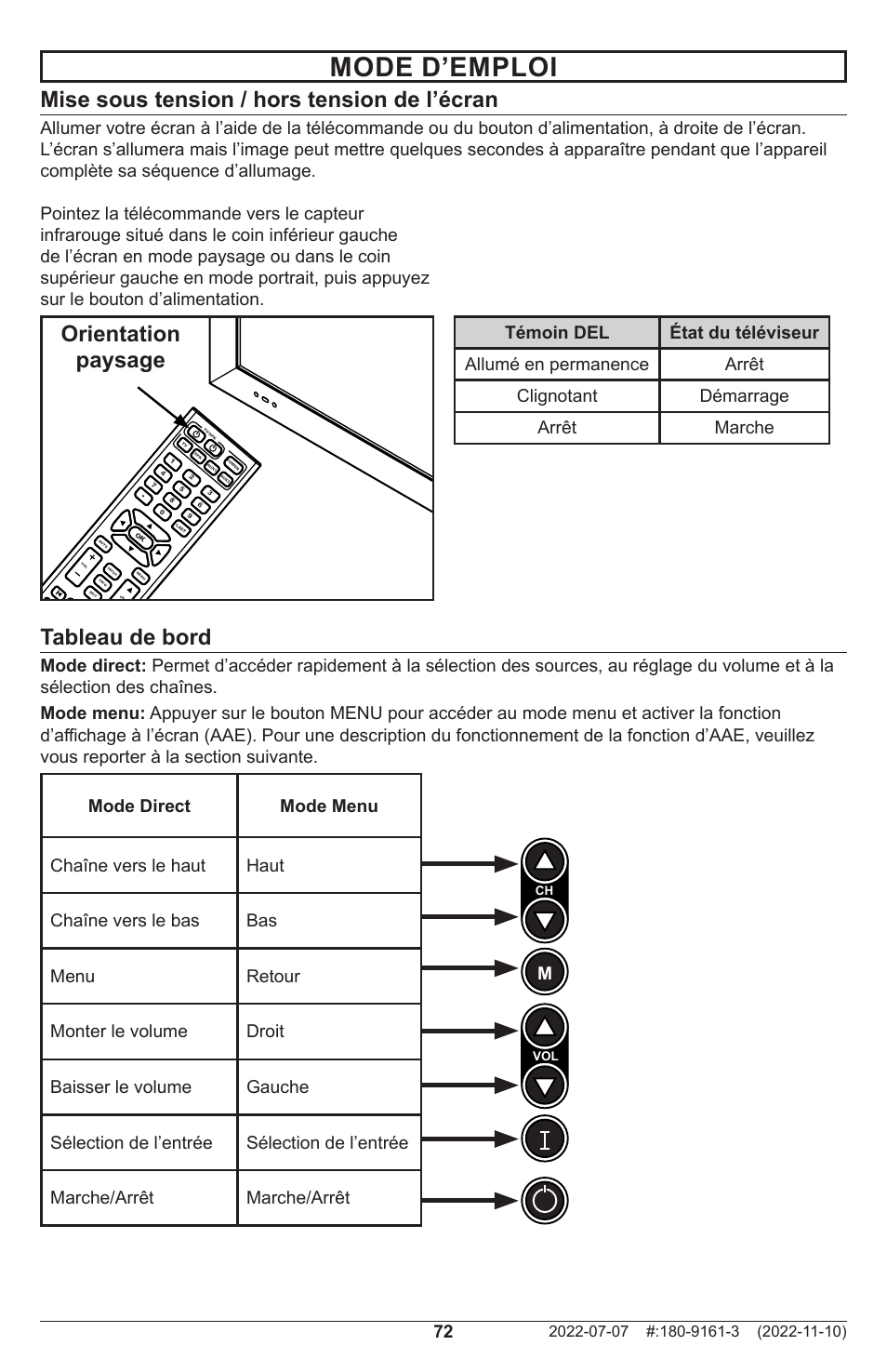 Mode d’emploi, Mise sous tension / hors tension de l’écran, Tableau de bord | Orientation paysage | Peerless-AV XHB754 4K UHD Xtreme High Bright LED Outdoor Display (75") User Manual | Page 72 / 84