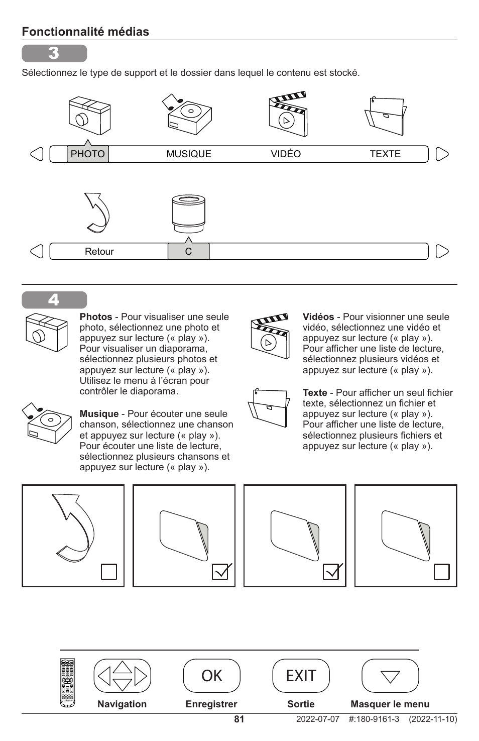 Ok menu exit ok menu exit ok exit, Fonctionnalité médias | Peerless-AV XHB754 4K UHD Xtreme High Bright LED Outdoor Display (75") User Manual | Page 81 / 84