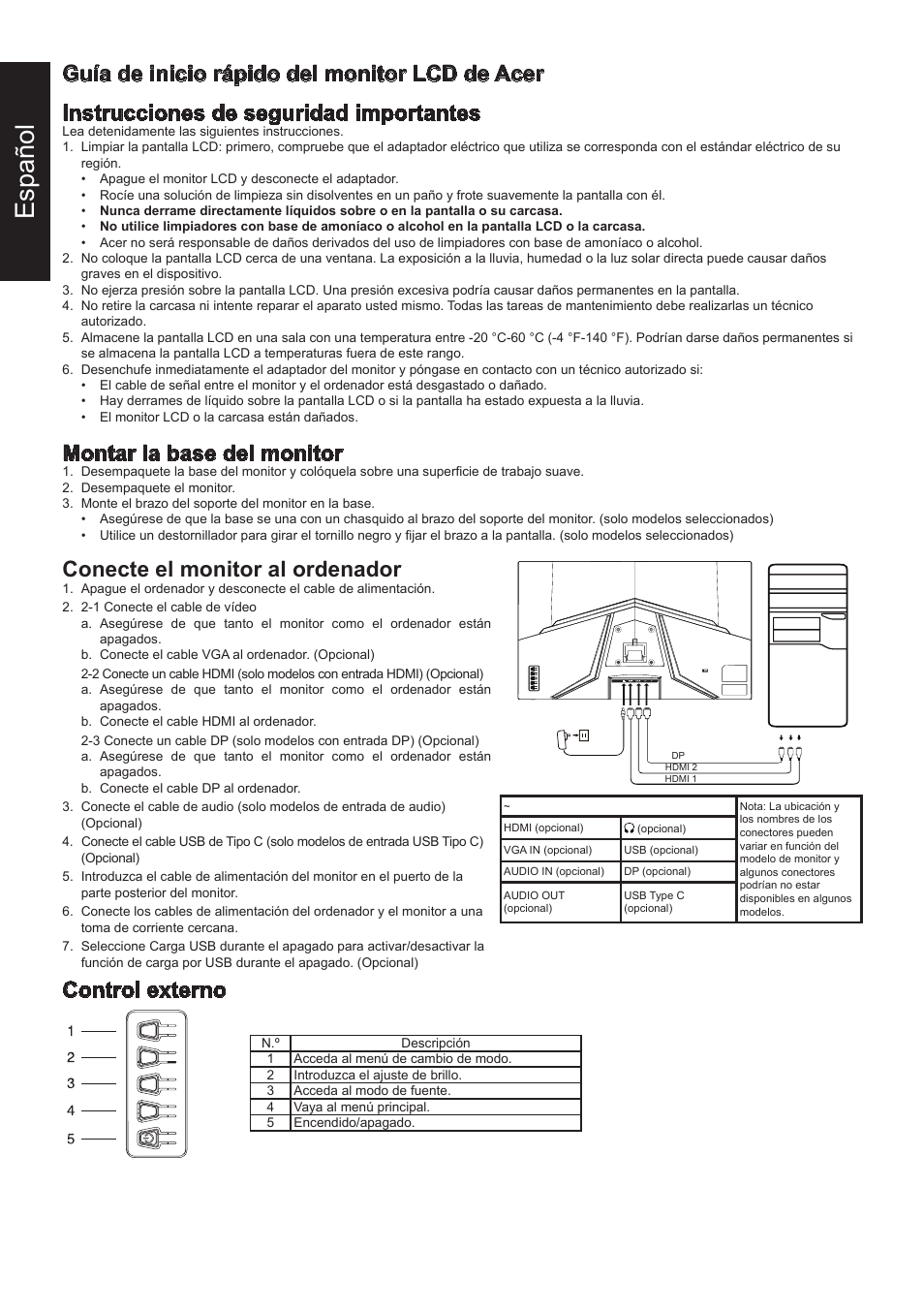 Español, Montar la base del monitor, Conecte el monitor al ordenador | Control externo | Acer 31.5" ED320Q Xbmiipx 240 Hz Curved Gaming Monitor User Manual | Page 11 / 112