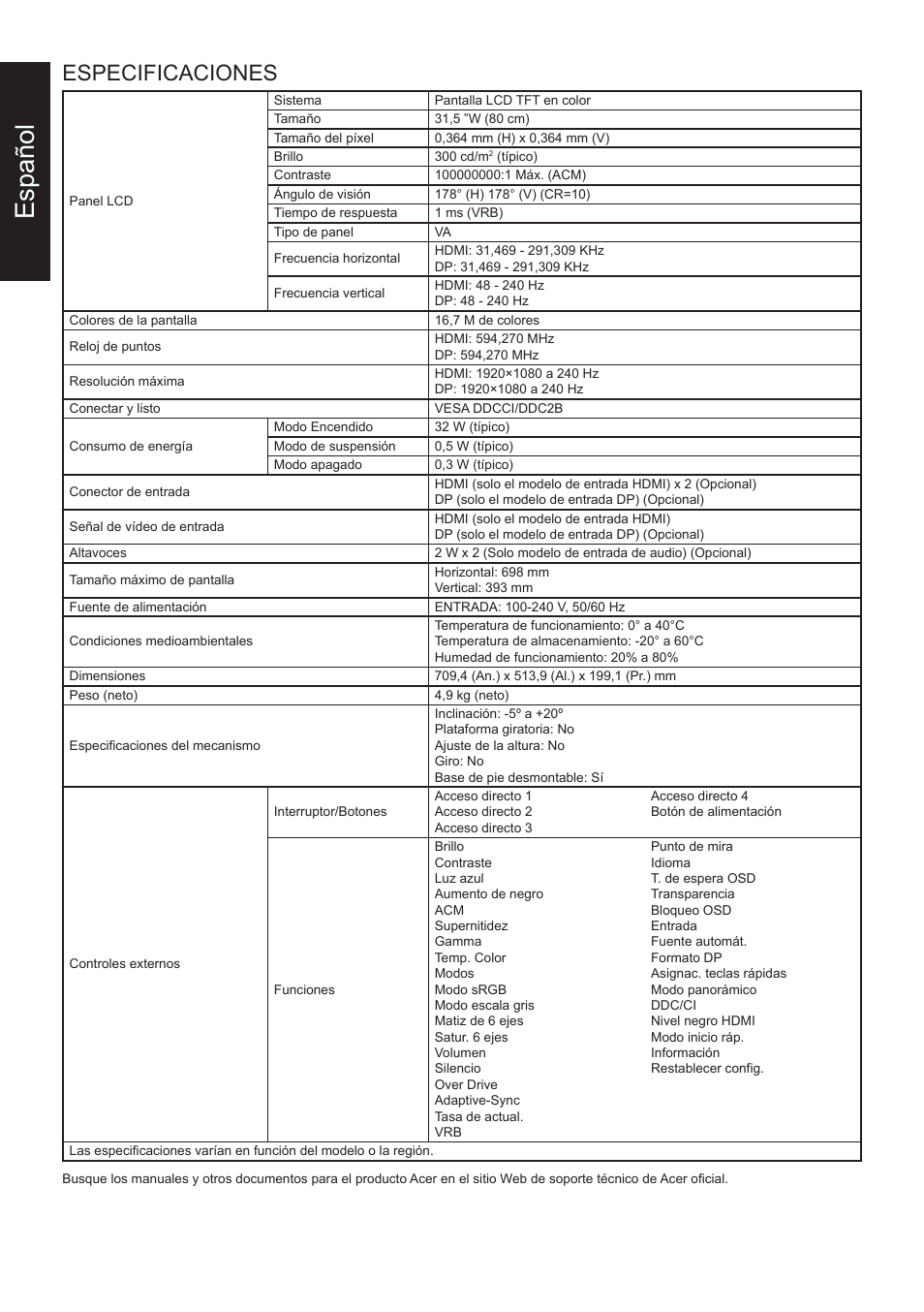 Español, Especificaciones | Acer 31.5" ED320Q Xbmiipx 240 Hz Curved Gaming Monitor User Manual | Page 13 / 112