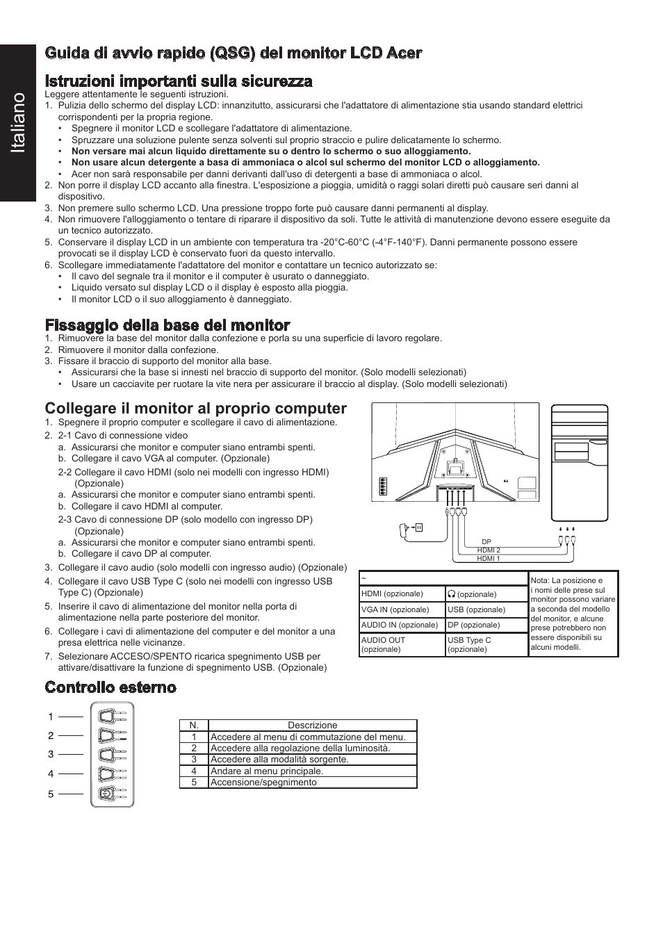 Italiano, Fissaggio della base del monitor, Collegare il monitor al proprio computer | Controllo esterno | Acer 31.5" ED320Q Xbmiipx 240 Hz Curved Gaming Monitor User Manual | Page 17 / 112