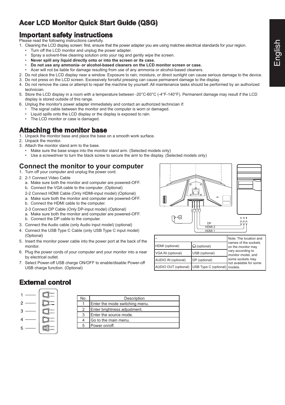 English, Attaching the monitor base, Connect the monitor to your computer | External control | Acer 31.5" ED320Q Xbmiipx 240 Hz Curved Gaming Monitor User Manual | Page 2 / 112