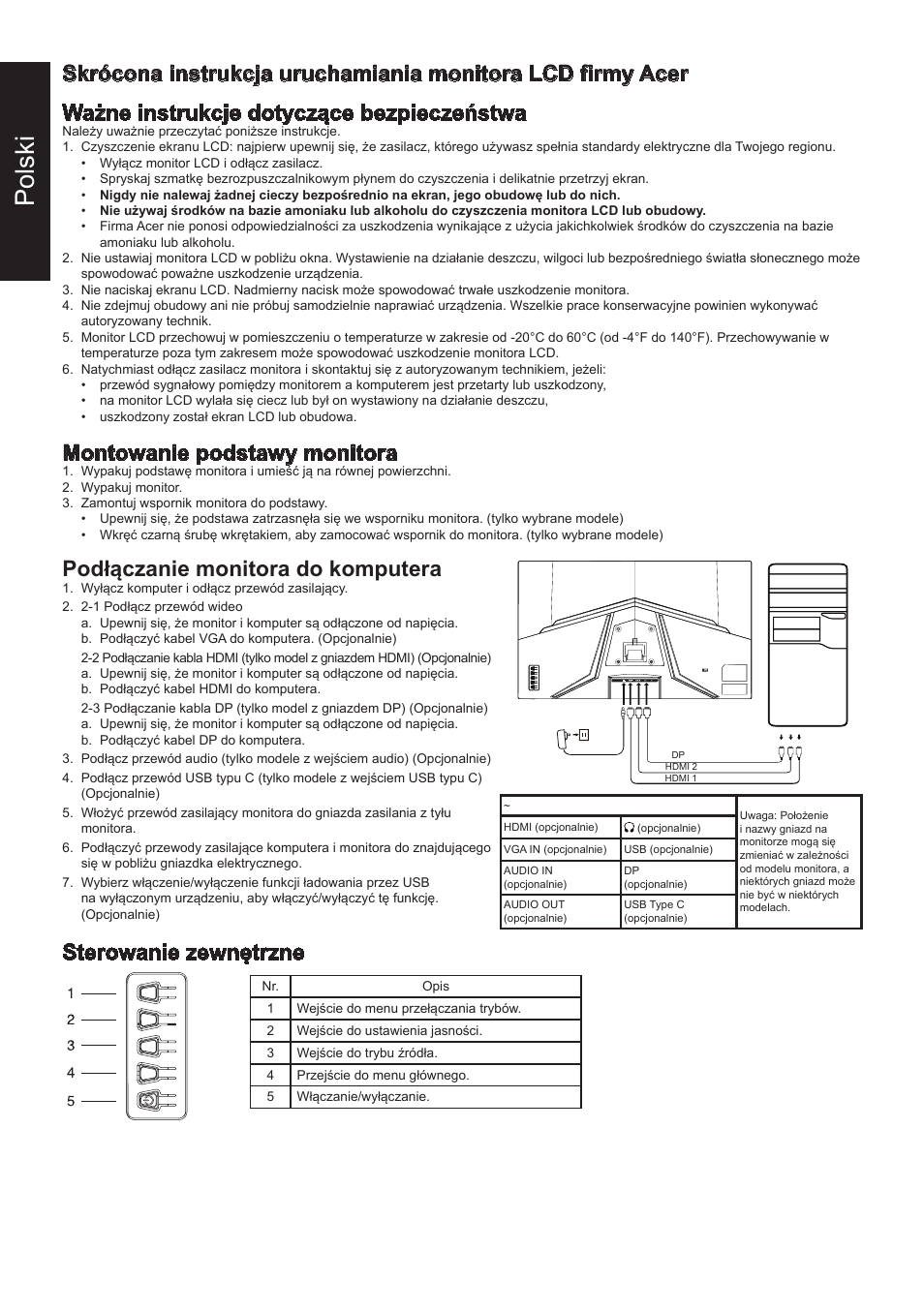 Polski, Montowanie podstawy monitora, Podłączanie monitora do komputera | Sterowanie zewnętrzne | Acer 31.5" ED320Q Xbmiipx 240 Hz Curved Gaming Monitor User Manual | Page 23 / 112