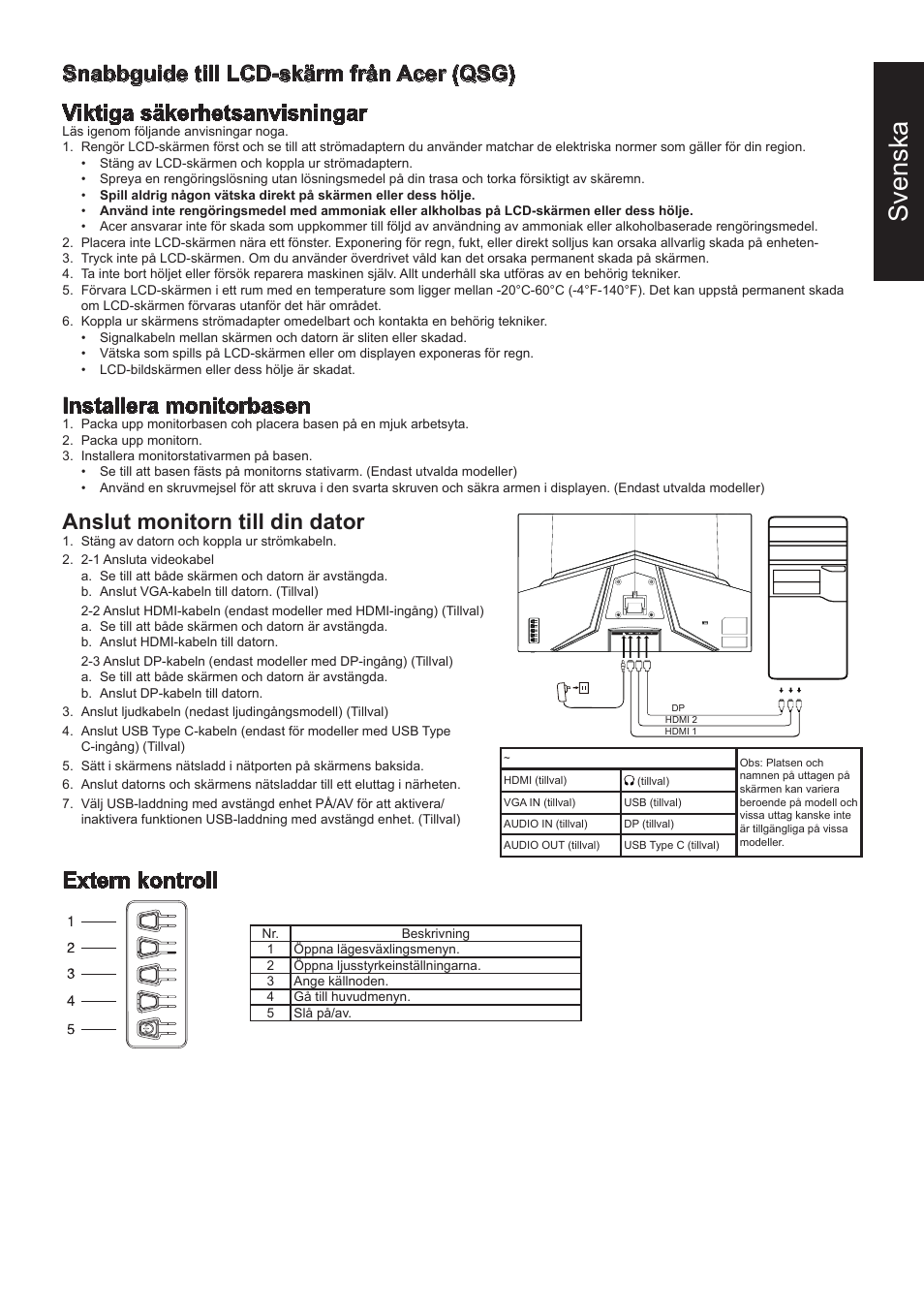 Svenska, Installera monitorbasen, Anslut monitorn till din dator | Extern kontroll | Acer 31.5" ED320Q Xbmiipx 240 Hz Curved Gaming Monitor User Manual | Page 32 / 112