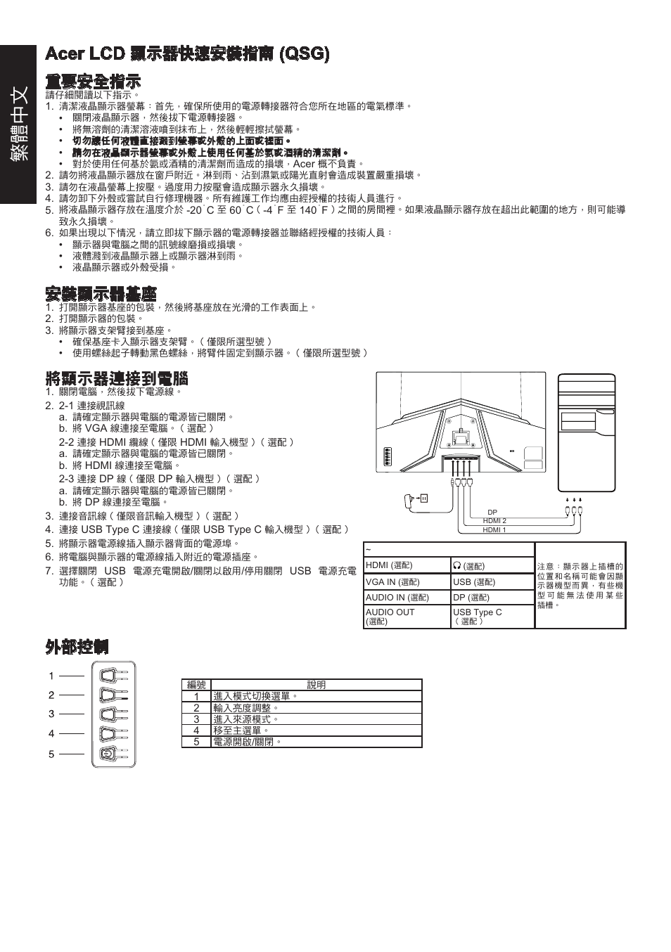 繁體中文, Acer lcd, Qsg) | 顯示器快速安裝指南, 重要安全指示, 安裝顯示器基座, 將顯示器連接到電腦, 外部控制 | Acer 31.5" ED320Q Xbmiipx 240 Hz Curved Gaming Monitor User Manual | Page 35 / 112