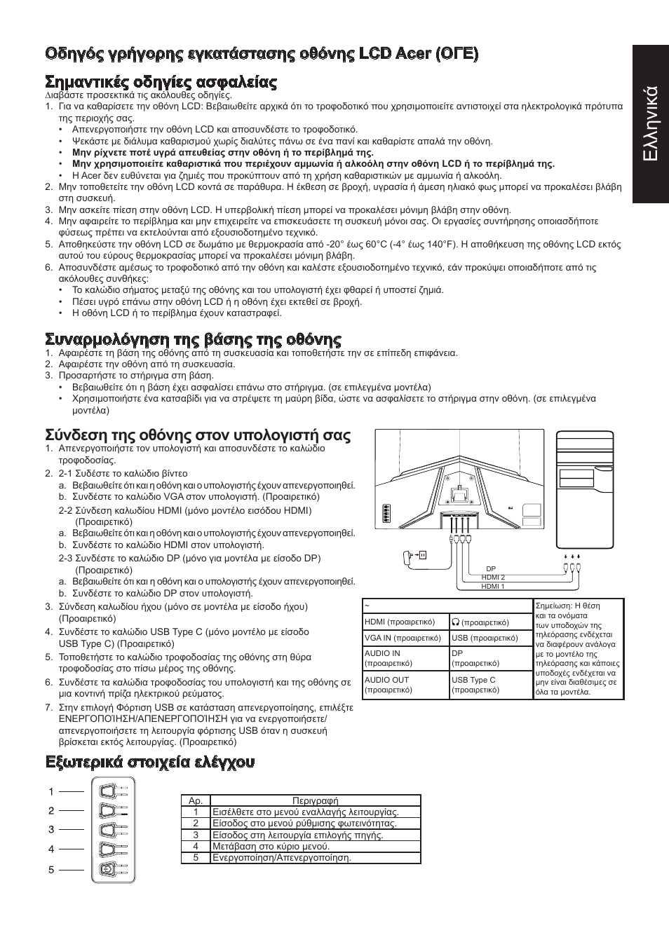 Ελληνικ ά, Συναρμολόγηση της βάσης της οθόνης, Σύνδεση της οθόνης στον υπολογιστή σας | Εξωτερικά στοιχεία ελέγχου | Acer 31.5" ED320Q Xbmiipx 240 Hz Curved Gaming Monitor User Manual | Page 50 / 112