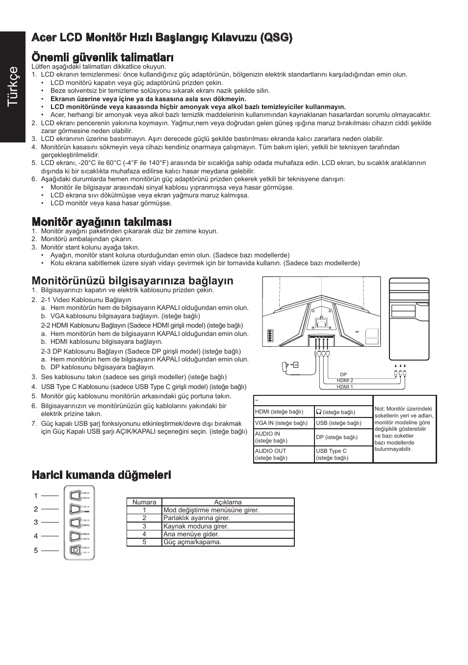 Türkçe, Monitör ayağının takılması, Monitörünüzü bilgisayarınıza bağlayın | Harici kumanda düğmeleri | Acer 31.5" ED320Q Xbmiipx 240 Hz Curved Gaming Monitor User Manual | Page 65 / 112