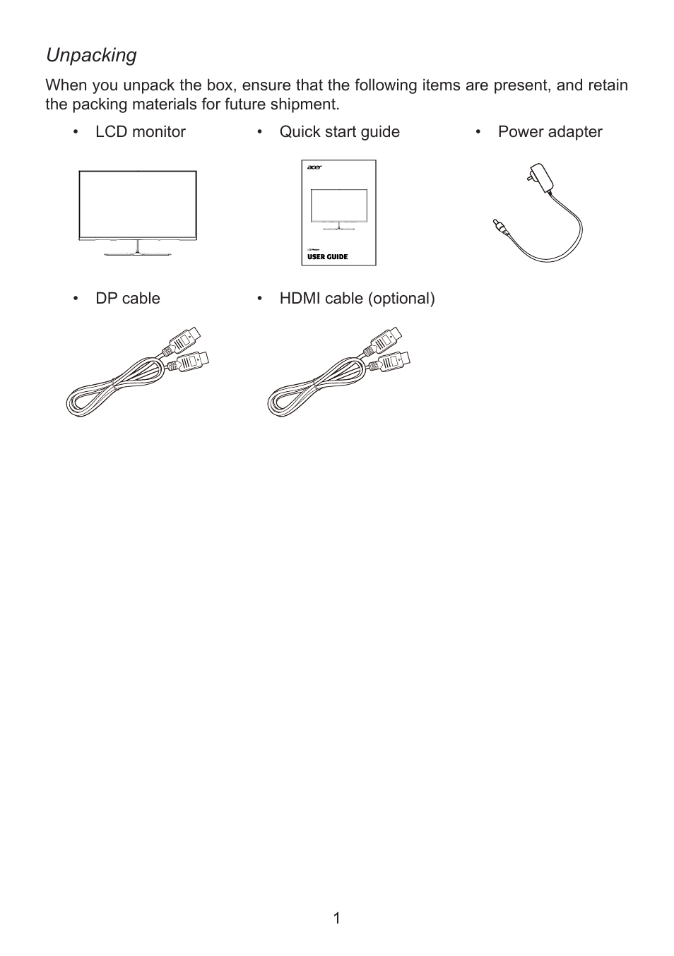 Unpacking | Acer ED320QR bi 32" Curved Monitor User Manual | Page 11 / 33