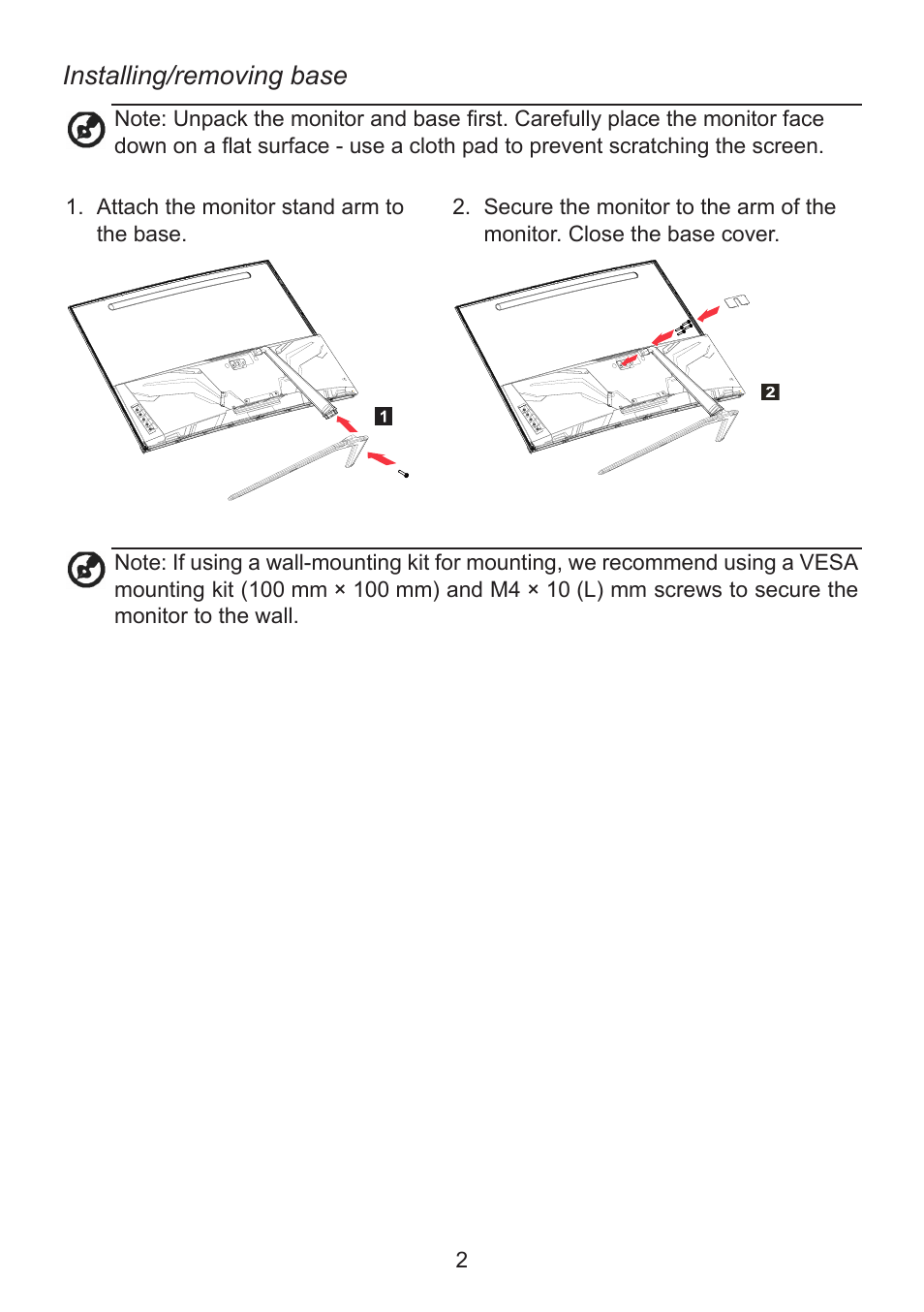 Installing/removing base | Acer ED320QR bi 32" Curved Monitor User Manual | Page 12 / 33