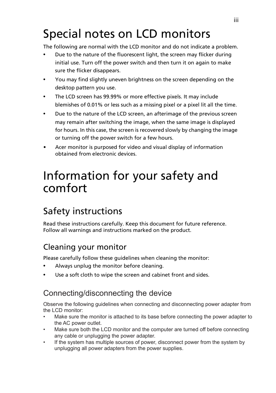 Information for your safety and comfort, Safety instructions, Connecting/disconnecting the device | English, Cleaning your monitor | Acer ED320QR bi 32" Curved Monitor User Manual | Page 3 / 33