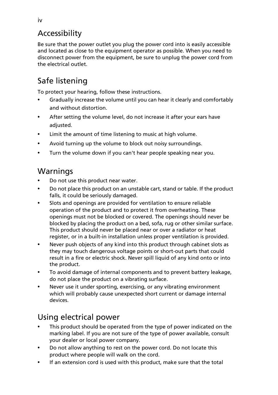 Accessibility, Safe listening, Warnings | Using electrical power | Acer ED320QR bi 32" Curved Monitor User Manual | Page 4 / 33