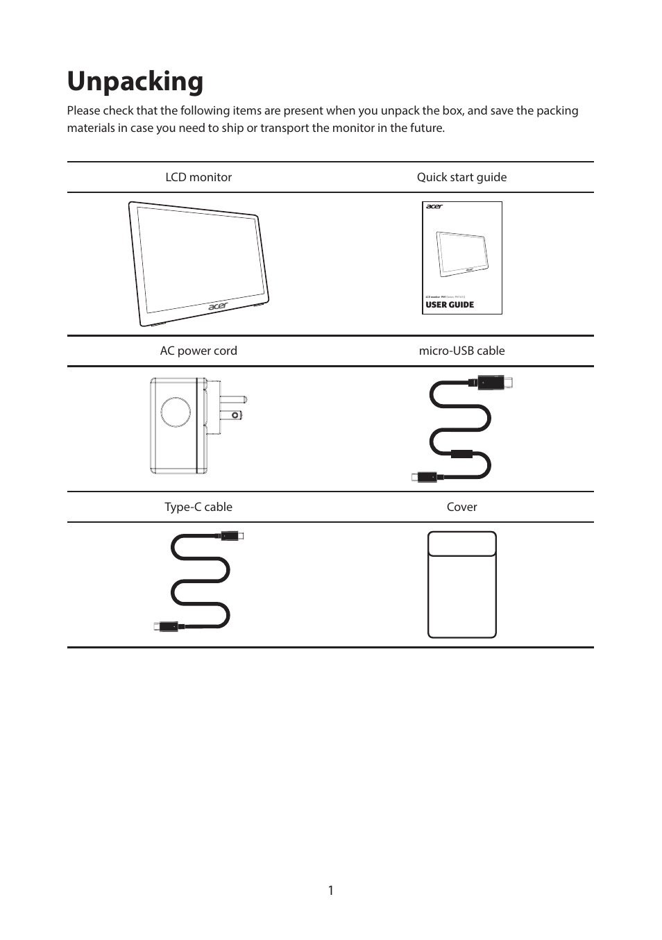 Unpacking | Acer PM161Q ABMIUUZX 15.6" Portable Monitor User Manual | Page 12 / 22