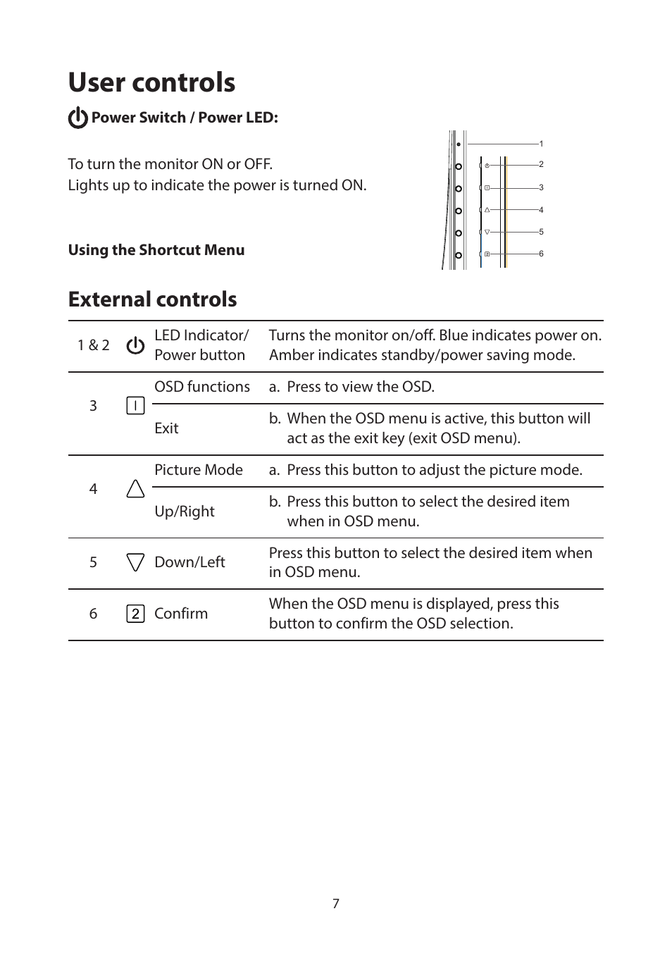 User controls, External controls | Acer PM161Q ABMIUUZX 15.6" Portable Monitor User Manual | Page 18 / 22