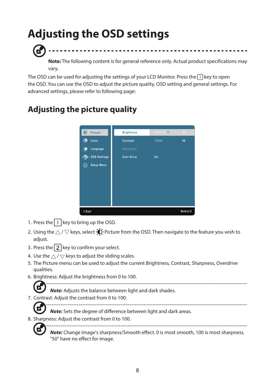 Adjusting the osd settings, Adjusting the picture quality | Acer PM161Q ABMIUUZX 15.6" Portable Monitor User Manual | Page 19 / 22