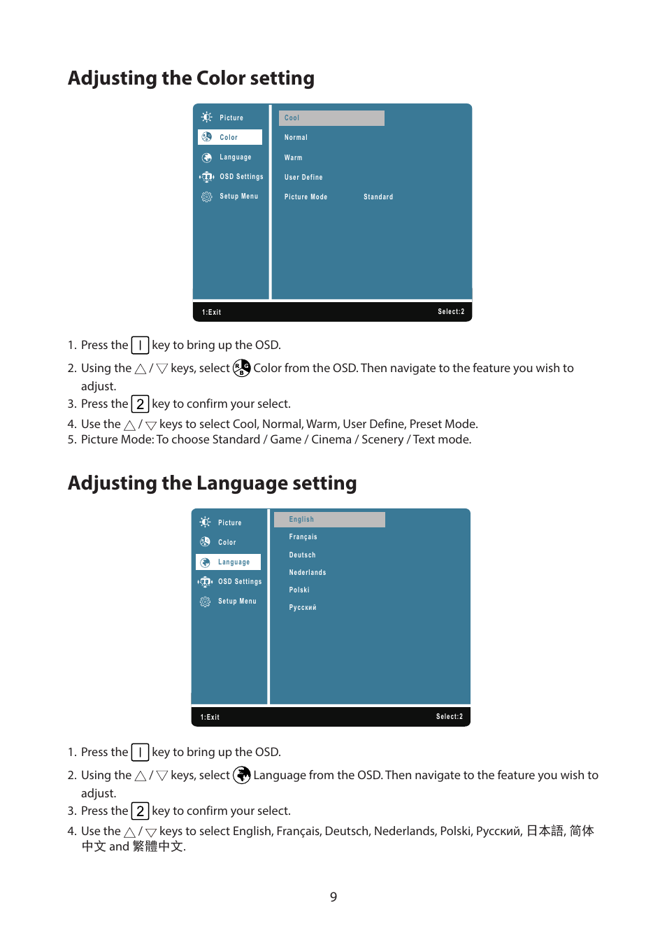 Adjusting the color setting, Adjusting the language setting | Acer PM161Q ABMIUUZX 15.6" Portable Monitor User Manual | Page 20 / 22