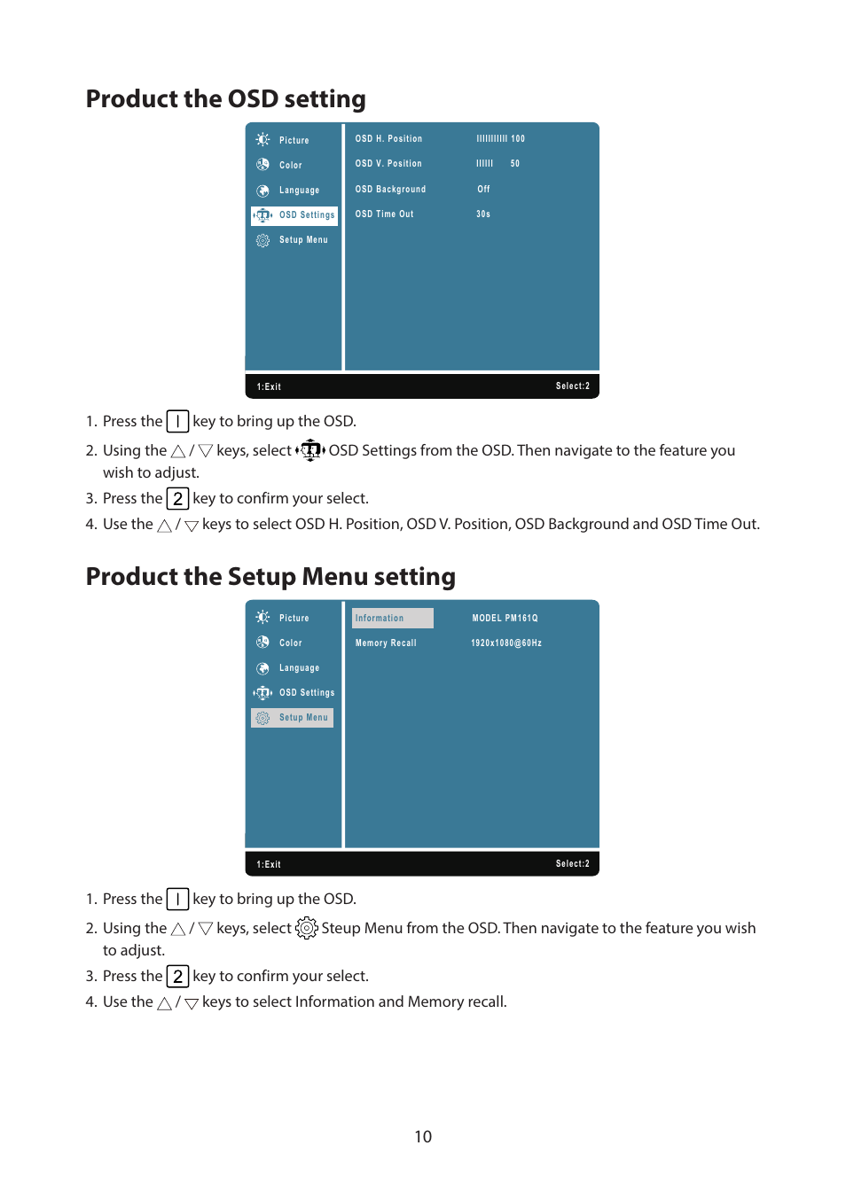 Product the osd setting, Product the setup menu setting | Acer PM161Q ABMIUUZX 15.6" Portable Monitor User Manual | Page 21 / 22