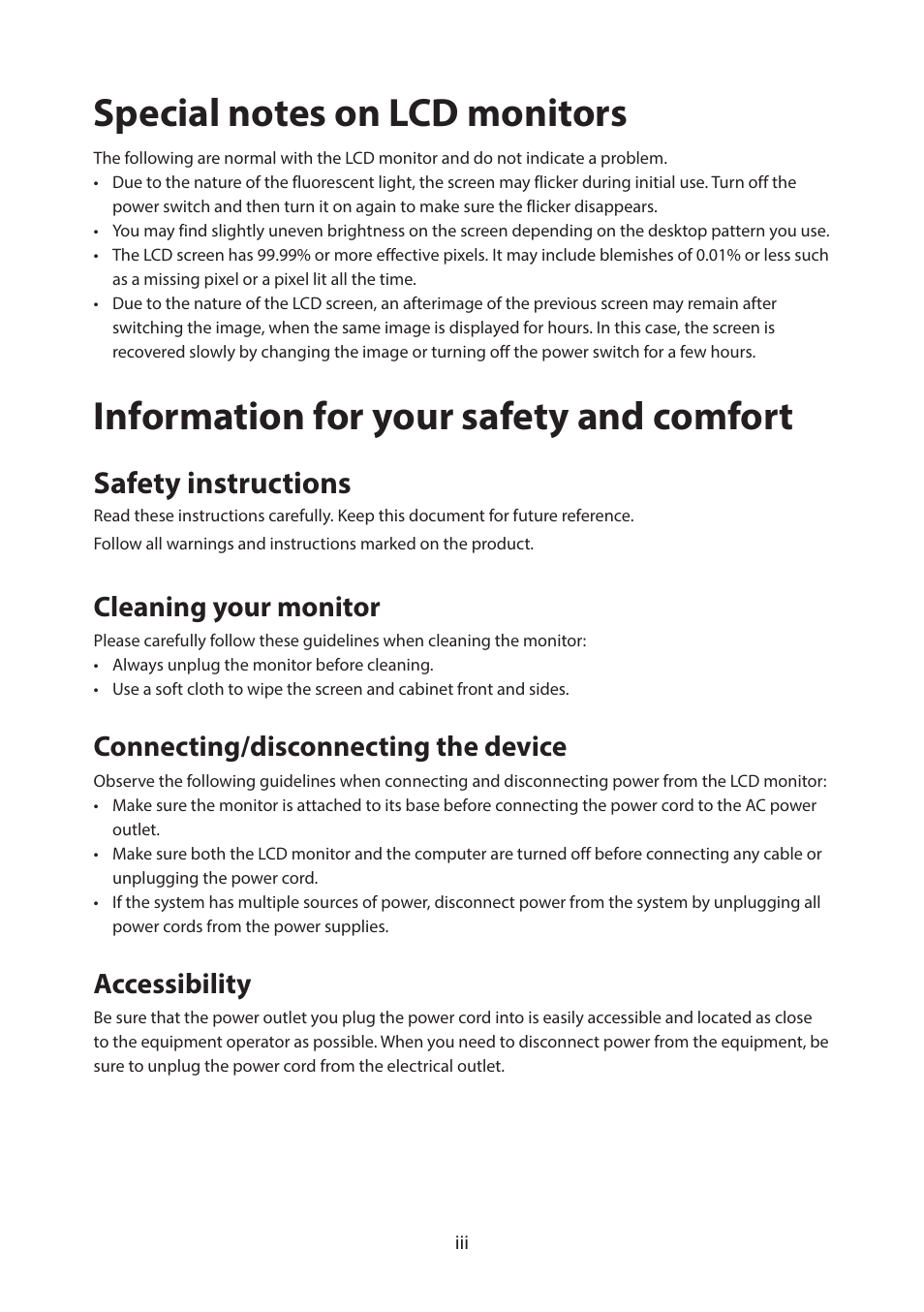 Information for your safety and comfort, Safety instructions, Cleaning your monitor | Connecting/disconnecting the device, Accessibility | Acer PM161Q ABMIUUZX 15.6" Portable Monitor User Manual | Page 3 / 22