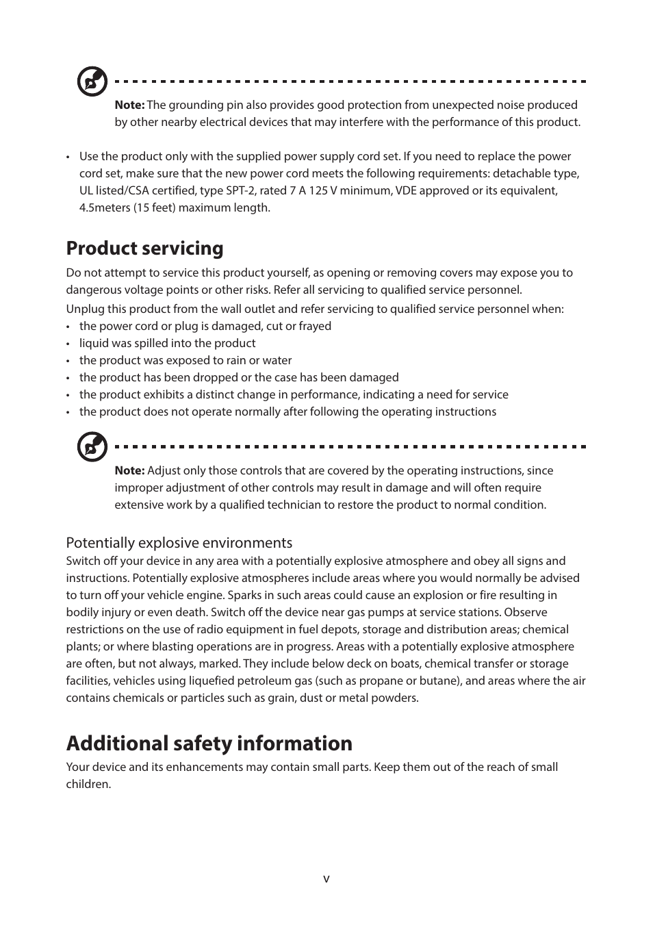 Additional safety information, Product servicing | Acer PM161Q ABMIUUZX 15.6" Portable Monitor User Manual | Page 5 / 22