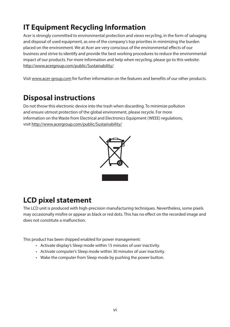 It equipment recycling information, Disposal instructions, Lcd pixel statement | Acer PM161Q ABMIUUZX 15.6" Portable Monitor User Manual | Page 6 / 22