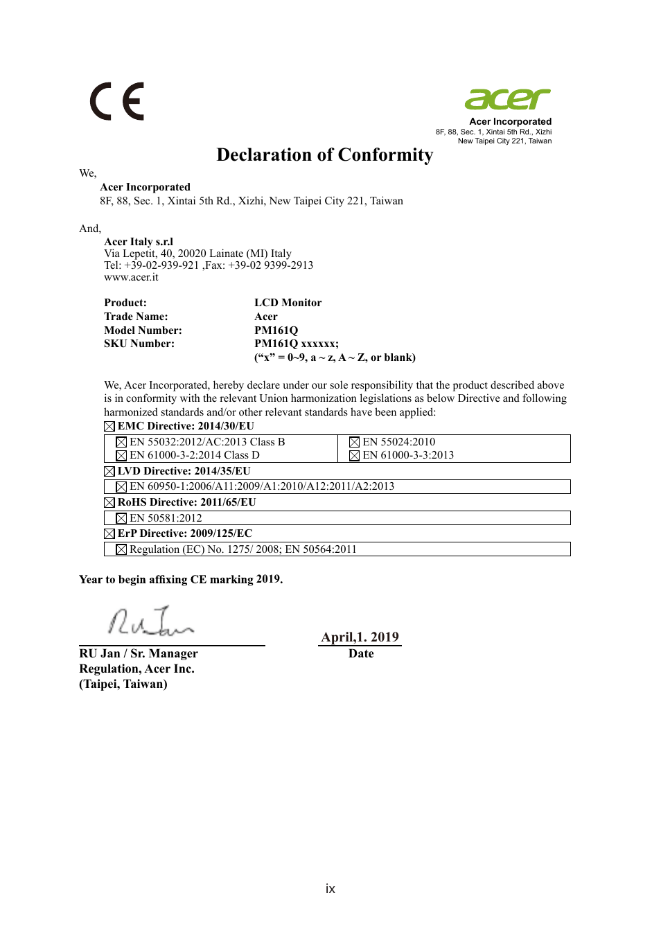 Ce declaration of conformity, Declaration of conformity | Acer PM161Q ABMIUUZX 15.6" Portable Monitor User Manual | Page 9 / 22