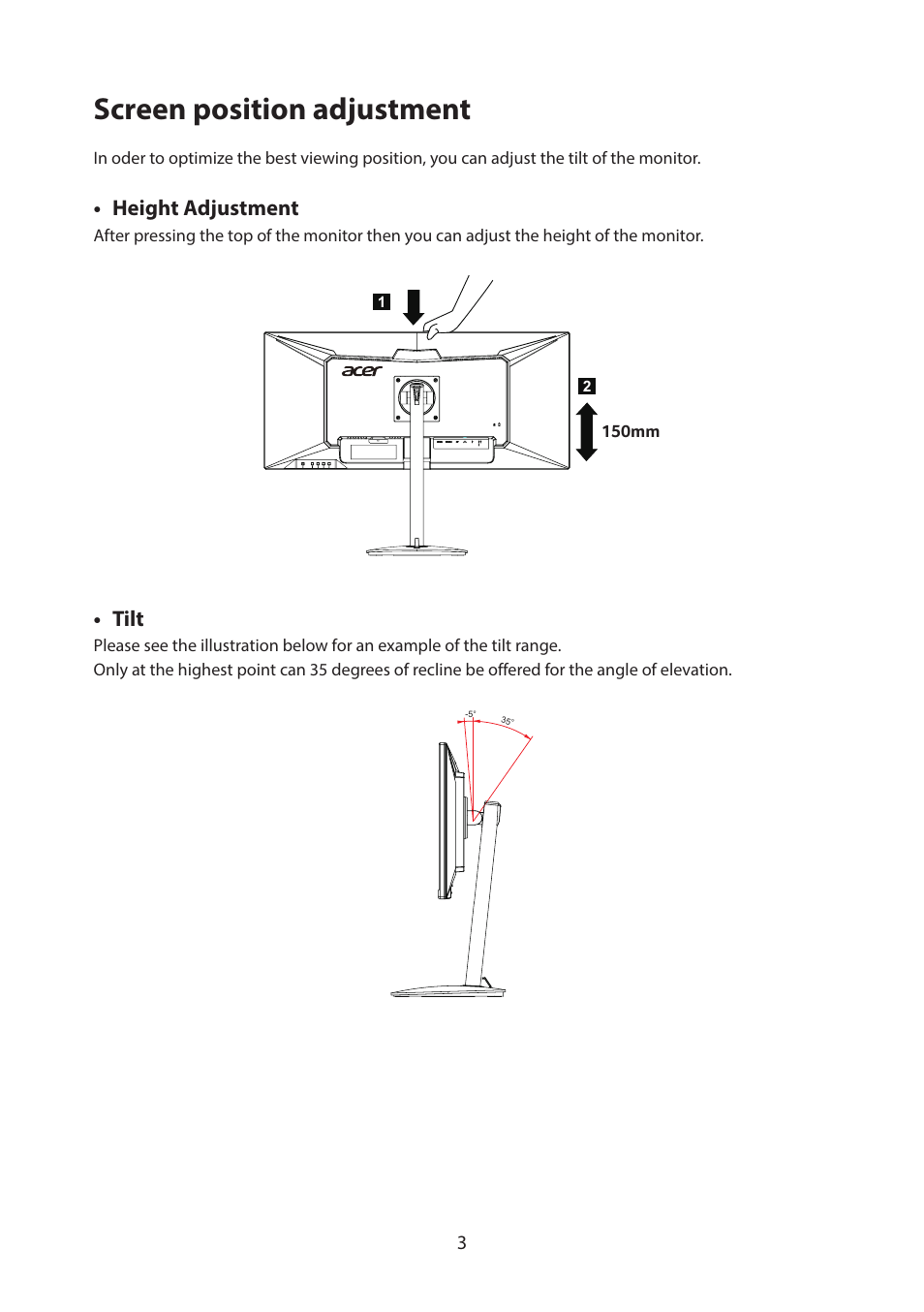 Screen position adjustment, Height adjustment, Tilt | Acer CB322QK semipruzx 31.5" 4K UHD HDR Display User Manual | Page 16 / 32