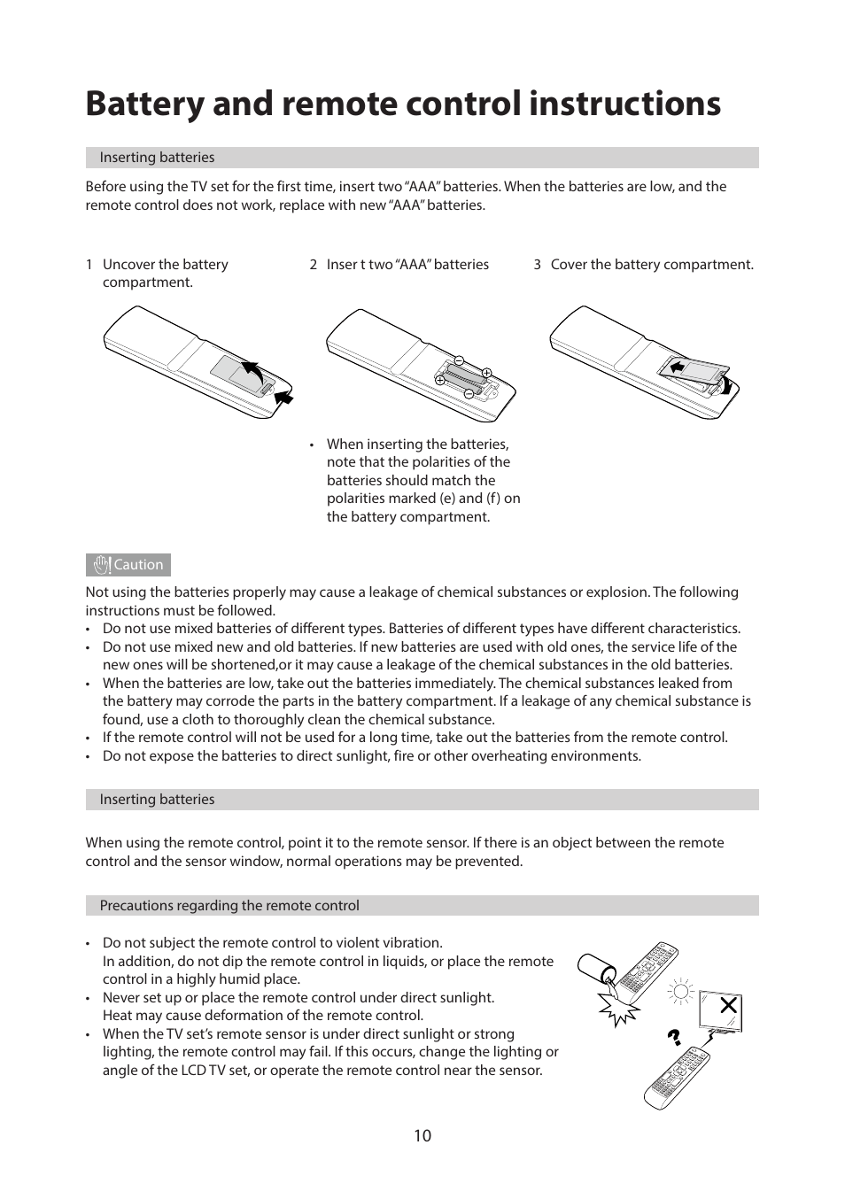 Battery and remote control instructions, Precautions regarding the remote control, Using the remote control | Acer CB322QK semipruzx 31.5" 4K UHD HDR Display User Manual | Page 23 / 32