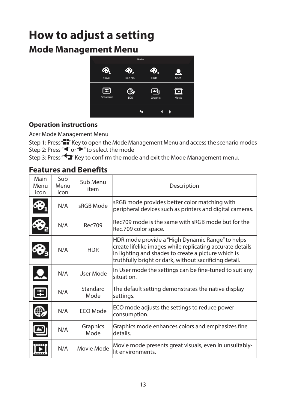 How to adjust a setting, Mode management menu, Features and benefits | Acer CB322QK semipruzx 31.5" 4K UHD HDR Display User Manual | Page 26 / 32