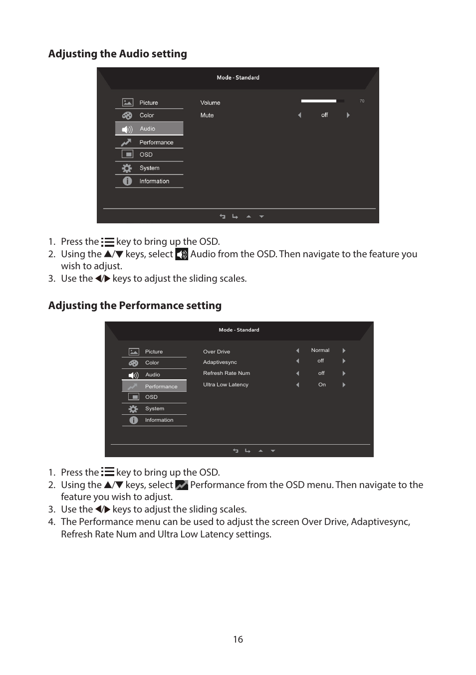 Adjusting the audio setting, Adjusting the performance setting | Acer CB322QK semipruzx 31.5" 4K UHD HDR Display User Manual | Page 29 / 32