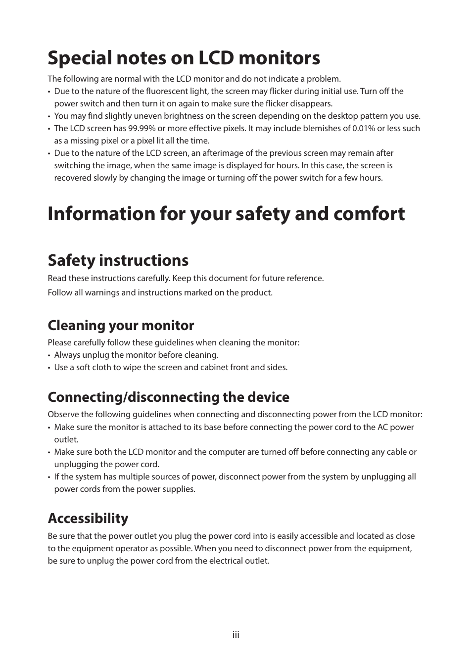 Special notes on lcd monitors, Information for your safety and comfort, Safety instructions | Cleaning your monitor, Connecting/disconnecting the device, Accessibility | Acer CB322QK semipruzx 31.5" 4K UHD HDR Display User Manual | Page 3 / 32