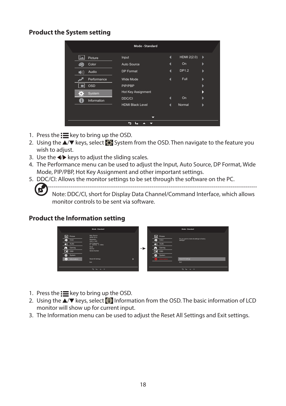 Product the system setting, Product the information setting | Acer CB322QK semipruzx 31.5" 4K UHD HDR Display User Manual | Page 31 / 32