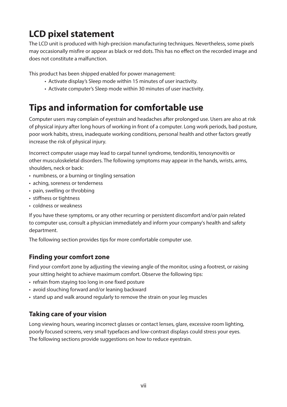 Tips and information for comfortable use, Lcd pixel statement | Acer CB322QK semipruzx 31.5" 4K UHD HDR Display User Manual | Page 7 / 32