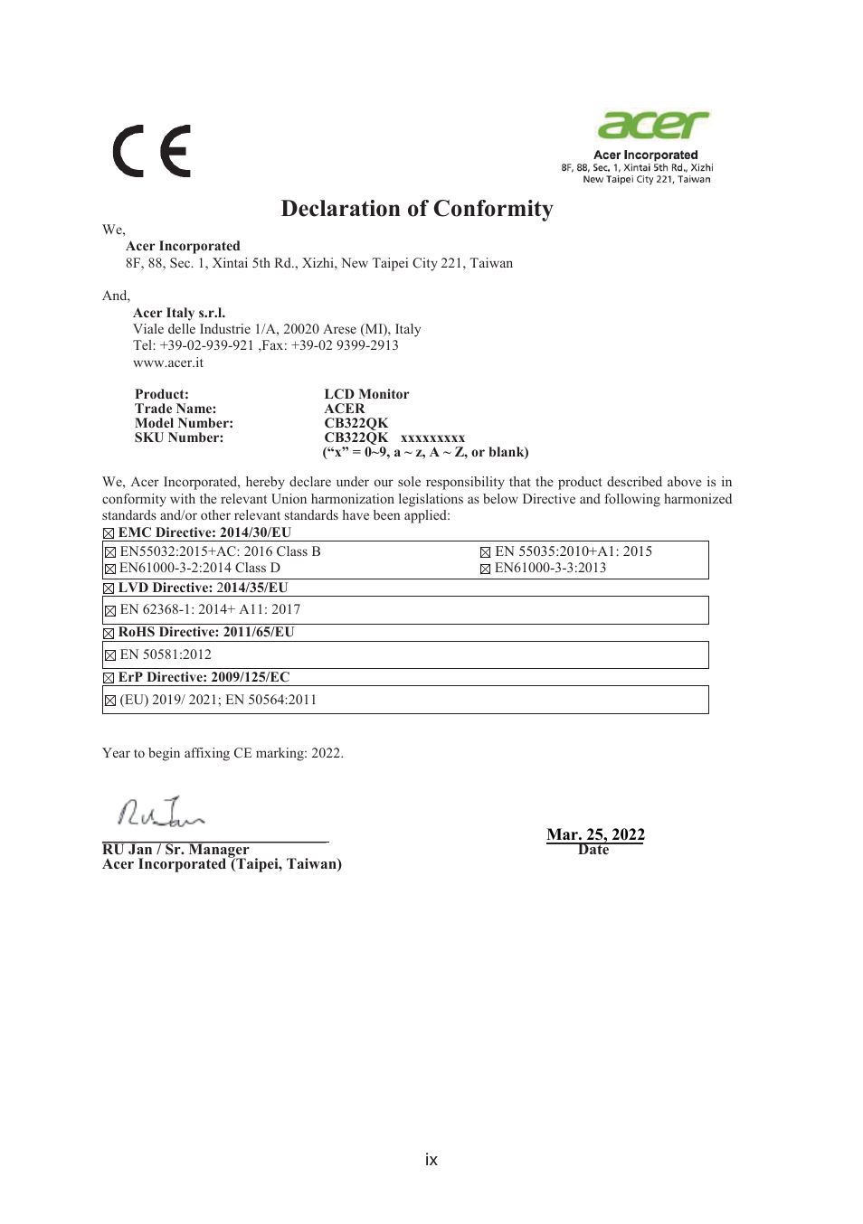 Ce declaration of conformity, Declaration of conformity | Acer CB322QK semipruzx 31.5" 4K UHD HDR Display User Manual | Page 9 / 32