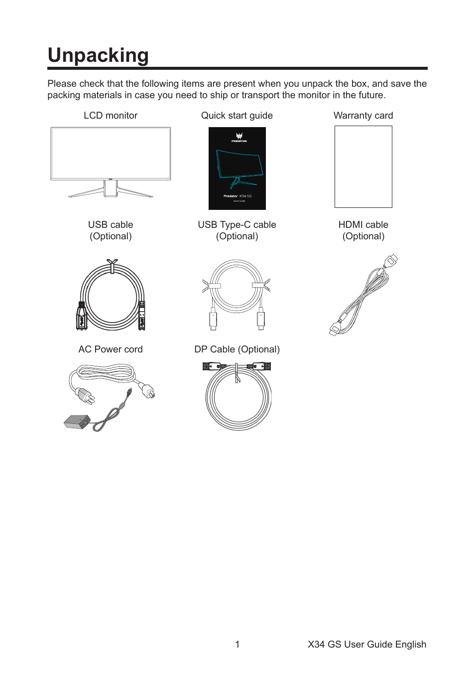 Unpacking | Acer Predator X34 Sbmiiphzx 34" 180 Hz Curved Gaming Monitor User Manual | Page 11 / 29