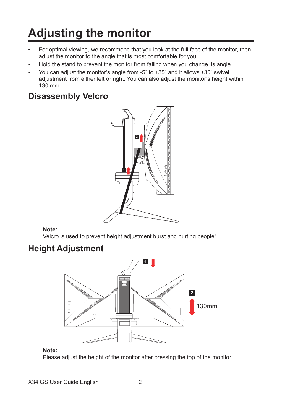 Adjusting the monitor, Disassembly velcro, Height adjustment | Disassembly velcro height adjustment, 130mm | Acer Predator X34 Sbmiiphzx 34" 180 Hz Curved Gaming Monitor User Manual | Page 12 / 29