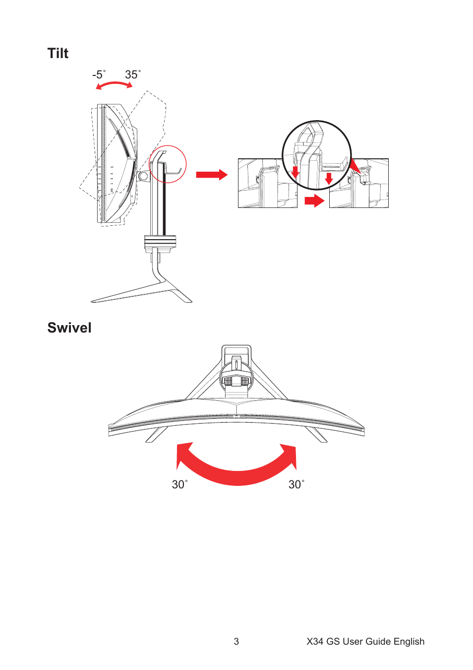 Tilt, Swivel, Tilt swivel | Acer Predator X34 Sbmiiphzx 34" 180 Hz Curved Gaming Monitor User Manual | Page 13 / 29