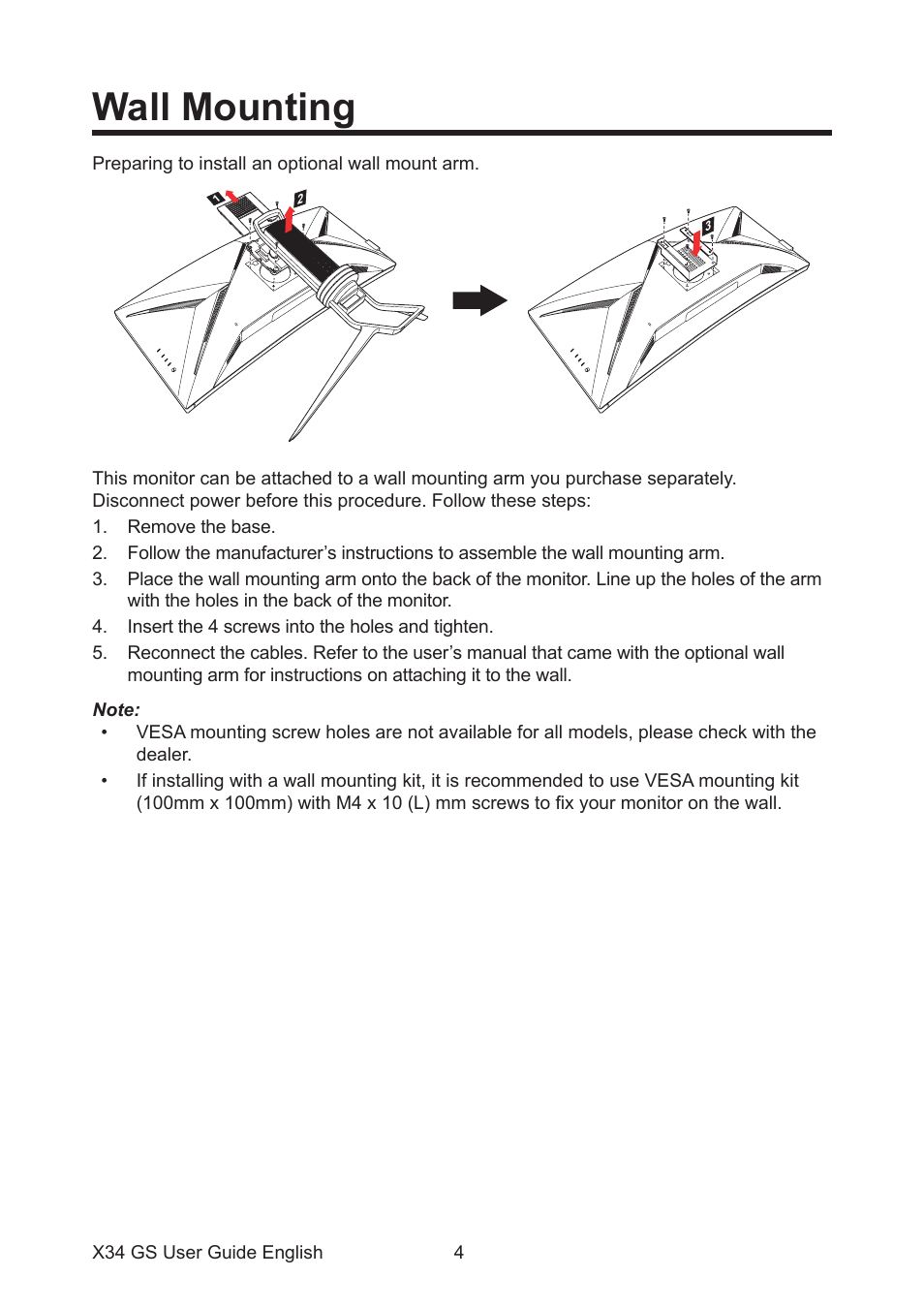 Wall mounting | Acer Predator X34 Sbmiiphzx 34" 180 Hz Curved Gaming Monitor User Manual | Page 14 / 29