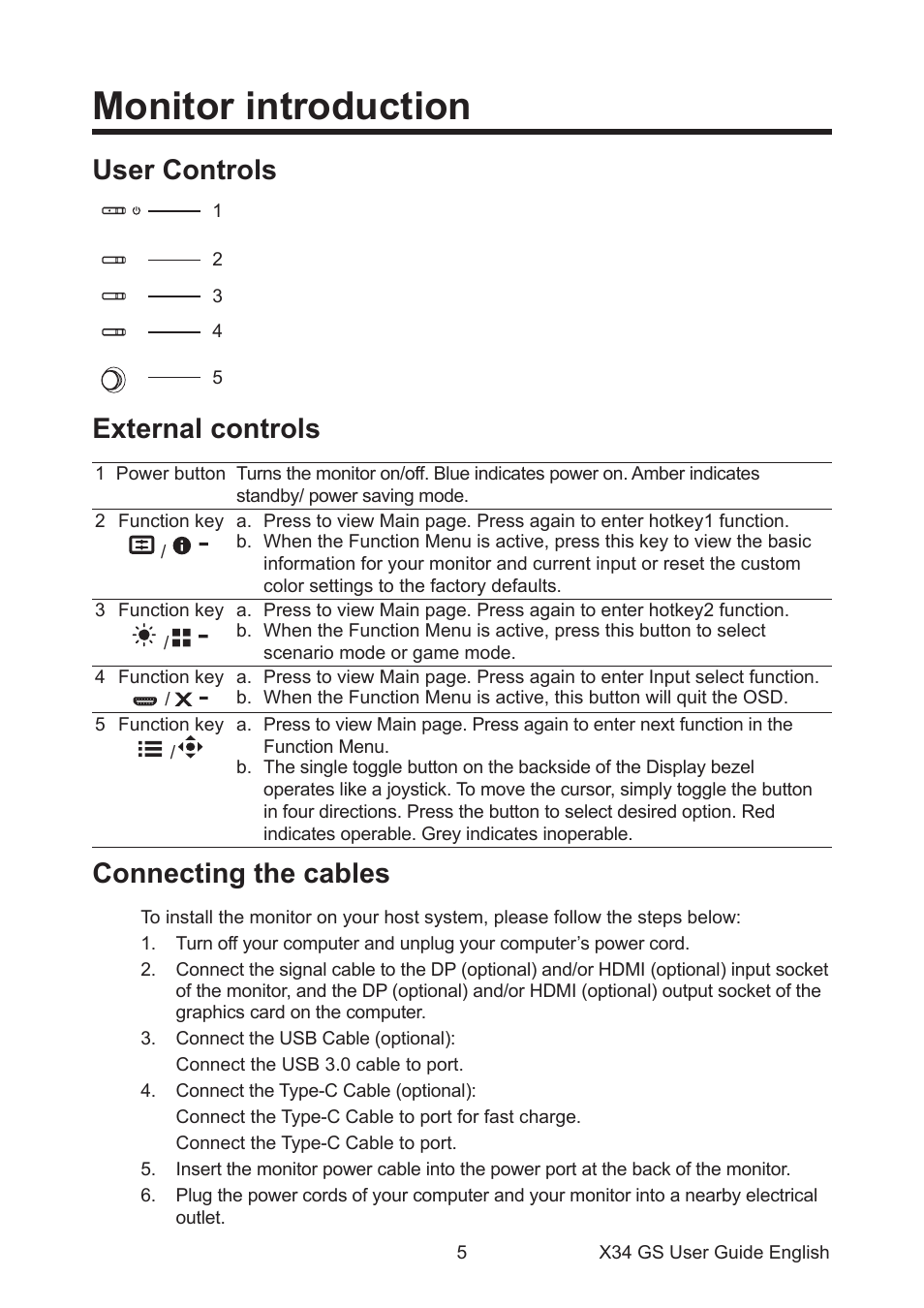 Monitor introduction, Connecting the cables, User controls | External controls | Acer Predator X34 Sbmiiphzx 34" 180 Hz Curved Gaming Monitor User Manual | Page 15 / 29