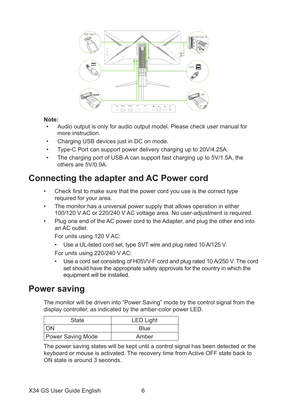 Connecting the adapter and ac power cord, Power saving | Acer Predator X34 Sbmiiphzx 34" 180 Hz Curved Gaming Monitor User Manual | Page 16 / 29