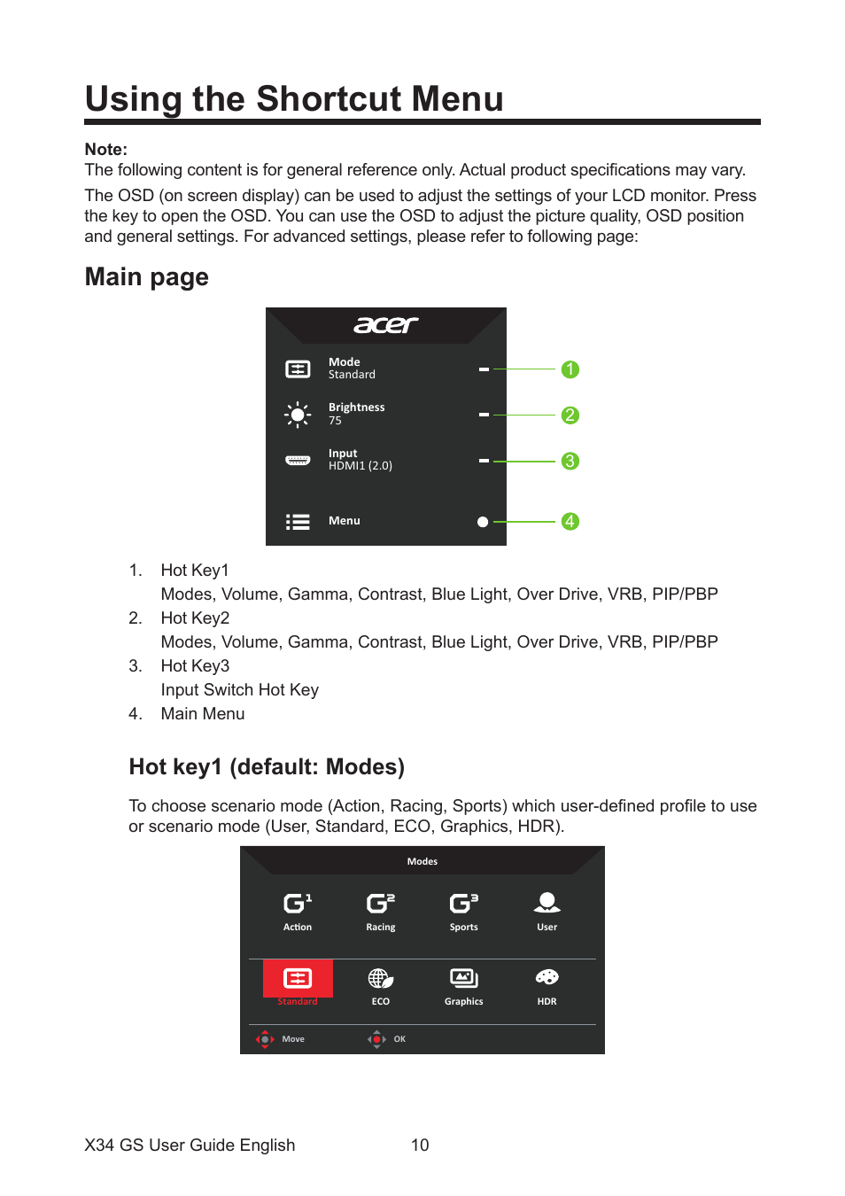 Using the shortcut menu, Hot key1 (default: modes), Main page | Acer Predator X34 Sbmiiphzx 34" 180 Hz Curved Gaming Monitor User Manual | Page 20 / 29