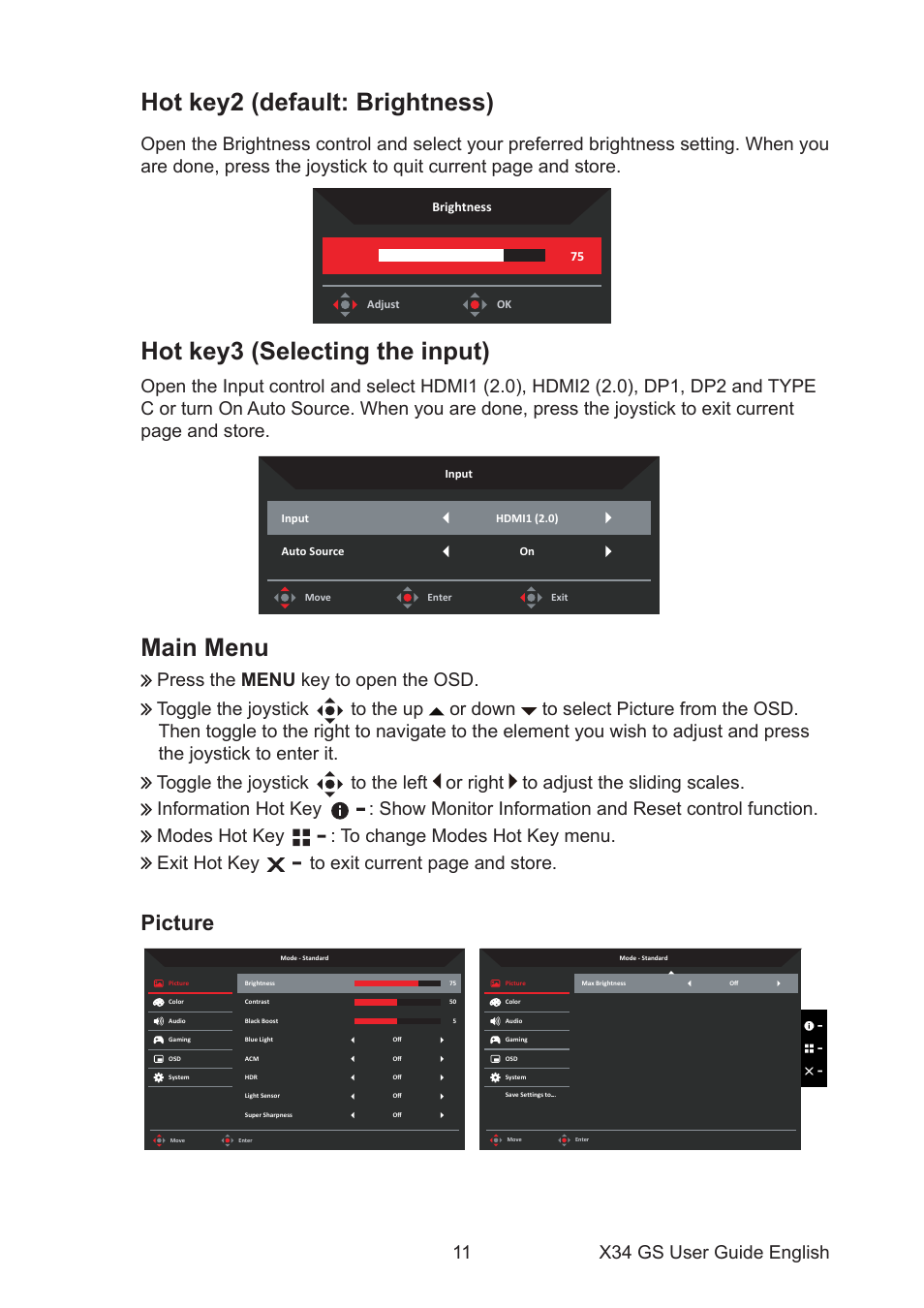 Hot key2 (default: brightness), Hot key3 (selecting the input), Main menu | Picture | Acer Predator X34 Sbmiiphzx 34" 180 Hz Curved Gaming Monitor User Manual | Page 21 / 29