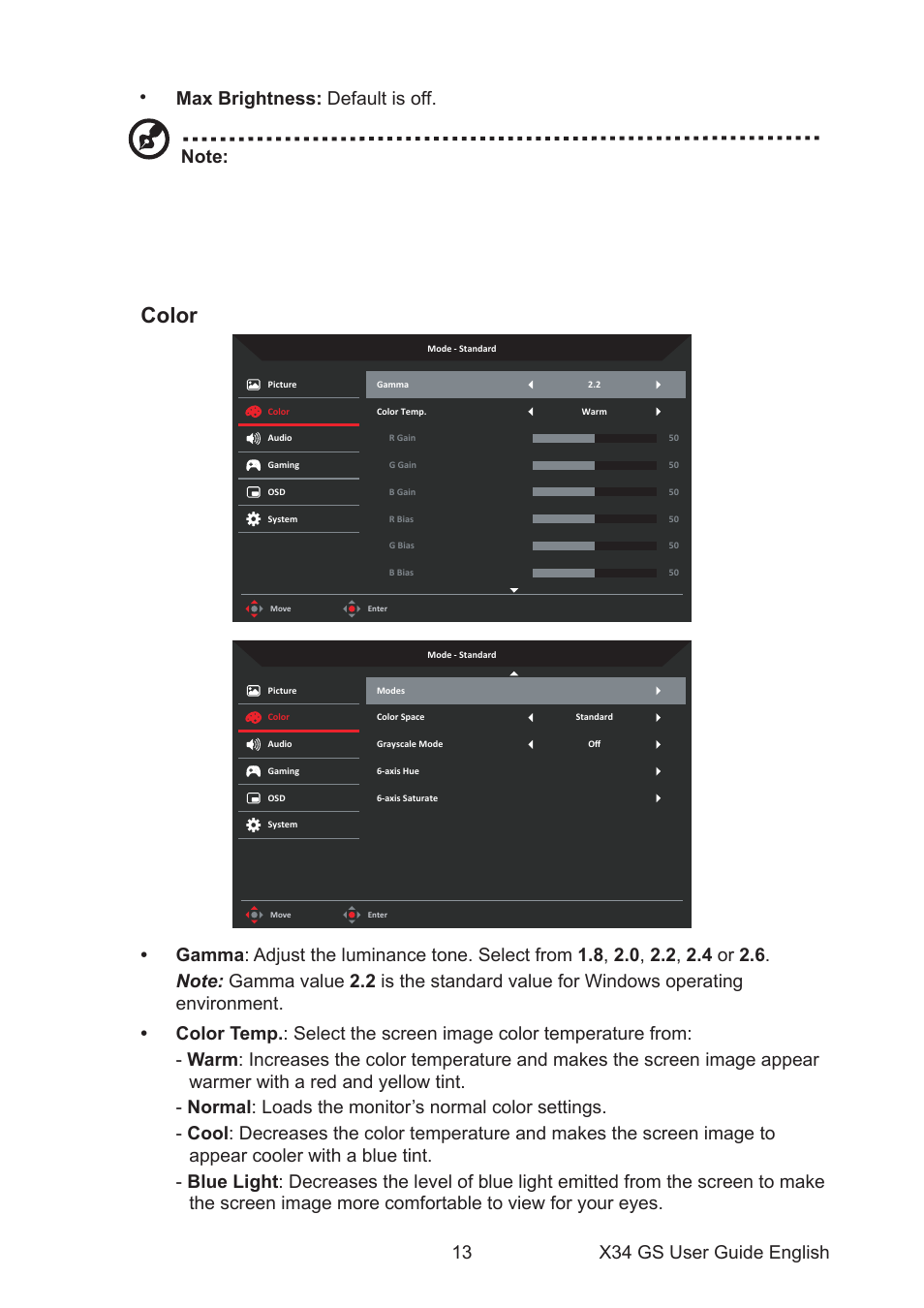 Color, Max brightness | Acer Predator X34 Sbmiiphzx 34" 180 Hz Curved Gaming Monitor User Manual | Page 23 / 29