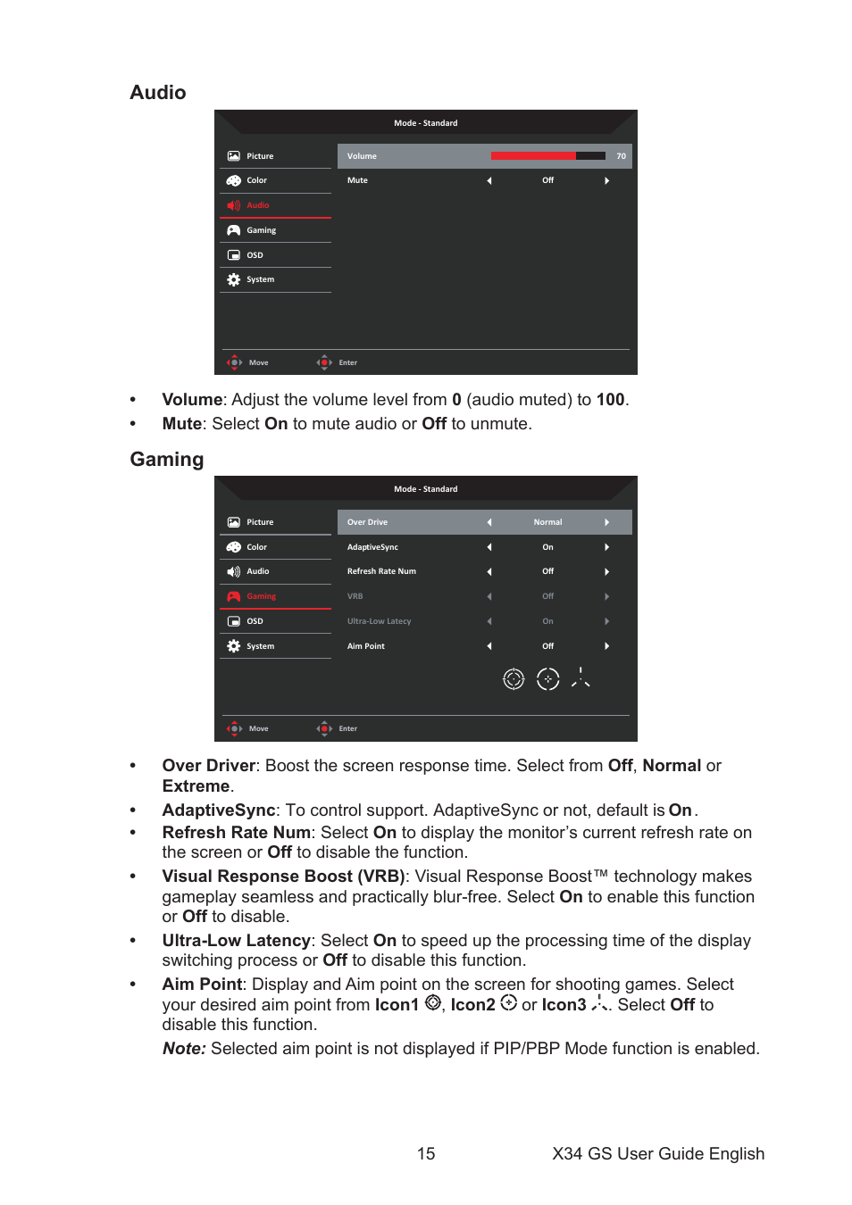 Audio, Gaming | Acer Predator X34 Sbmiiphzx 34" 180 Hz Curved Gaming Monitor User Manual | Page 25 / 29